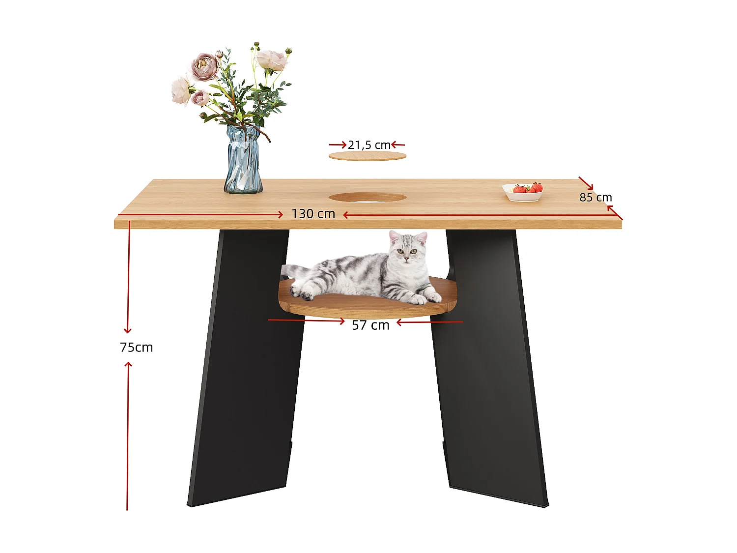 Mesa de jantar - 130 x 85 x 75 cm - com espaço para animais de estimação e bandeja de armazenamento - MDF - preto