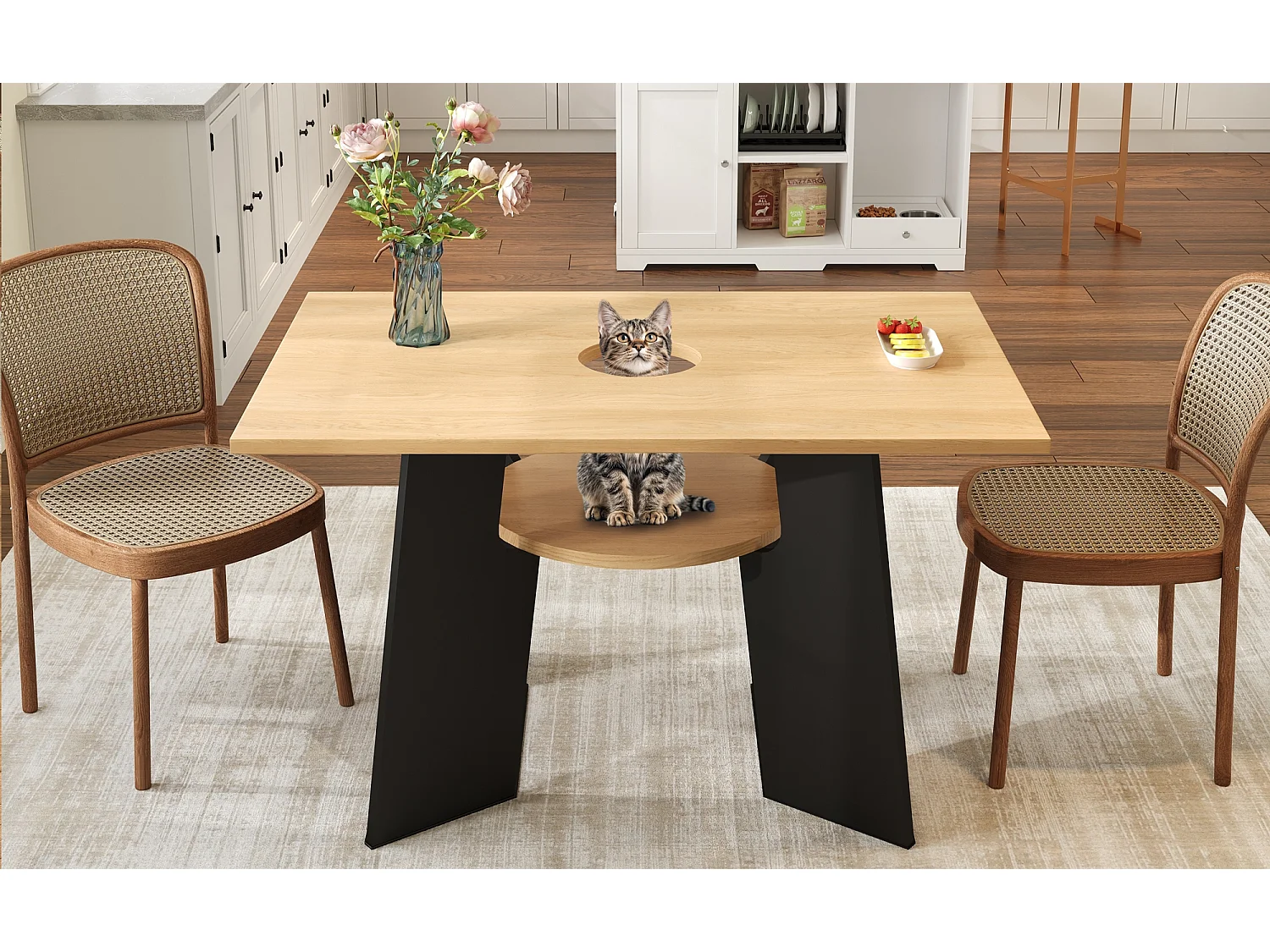 Mesa de jantar - 130 x 85 x 75 cm - com espaço para animais de estimação e bandeja de armazenamento - MDF - preto