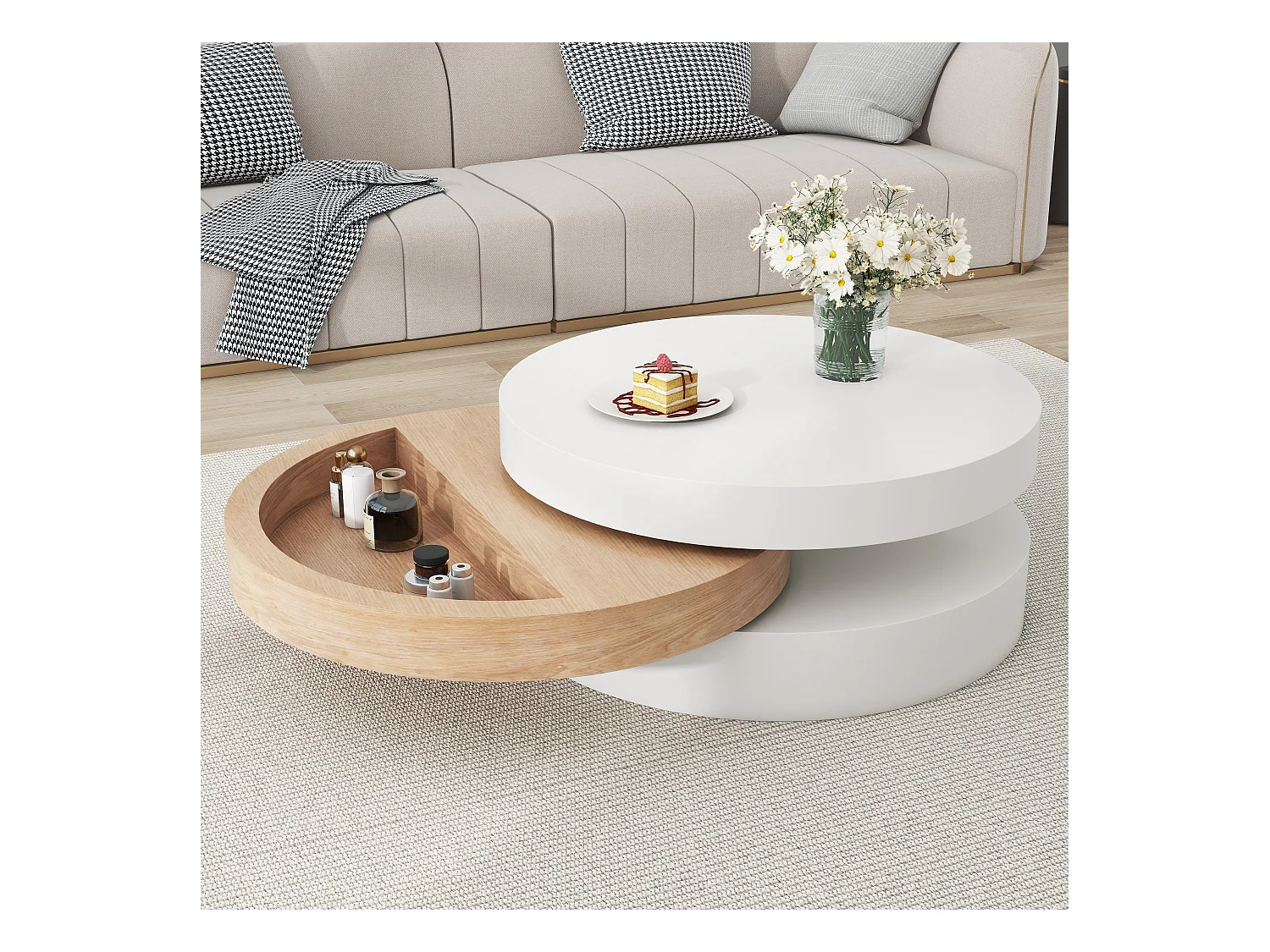 Zylindrischer Couchtisch - 60 x 60 x 35,1 cm - drehbare Platte - mit Ablage - MDF - weiß