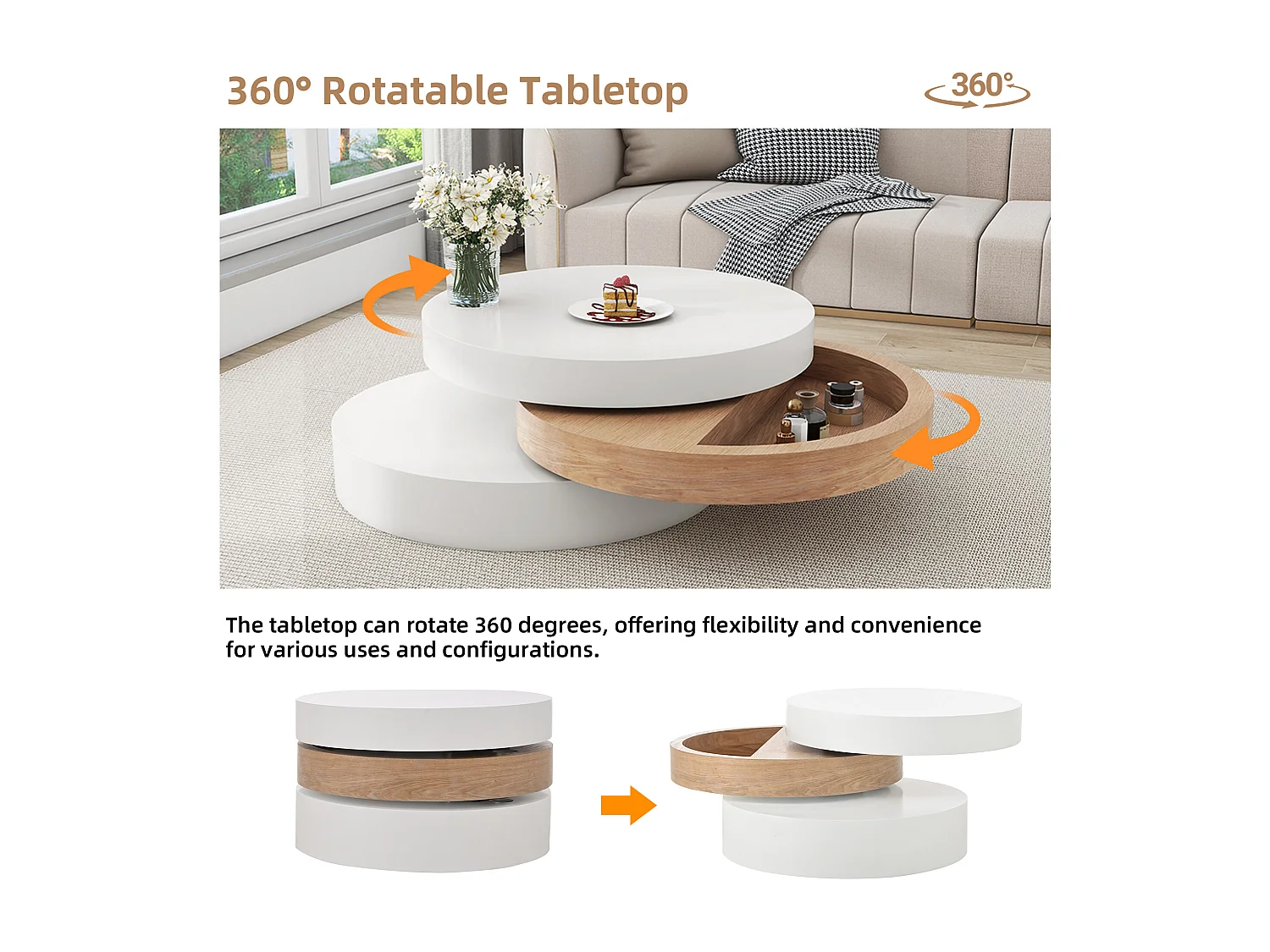 Zylindrischer Couchtisch - 60 x 60 x 35,1 cm - drehbare Platte - mit Ablage - MDF - weiß