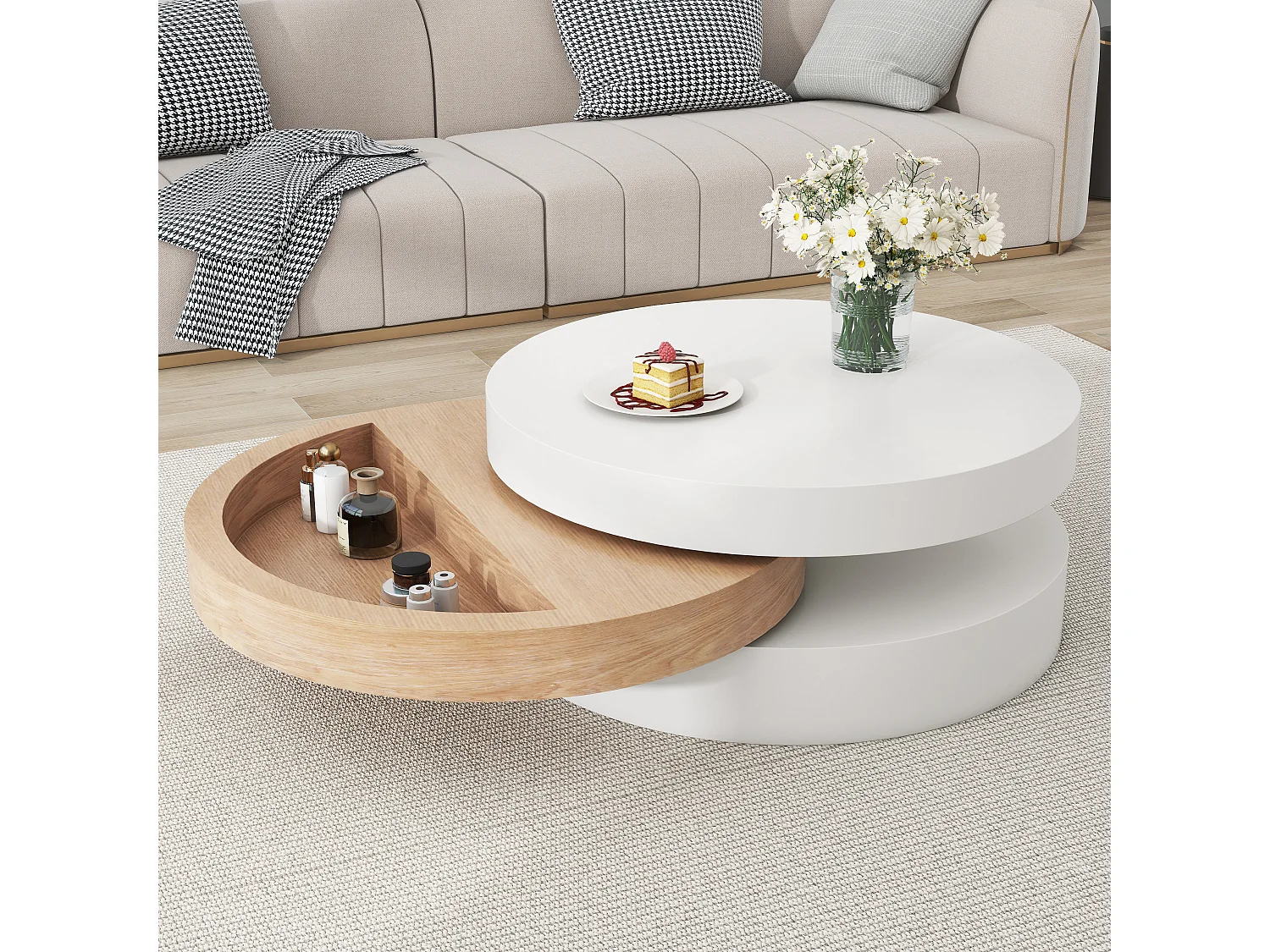 Cilindrische salontafel - 60 x 60 x 35,1 cm - draaibaar blad - met opbergruimte - MDF - wit