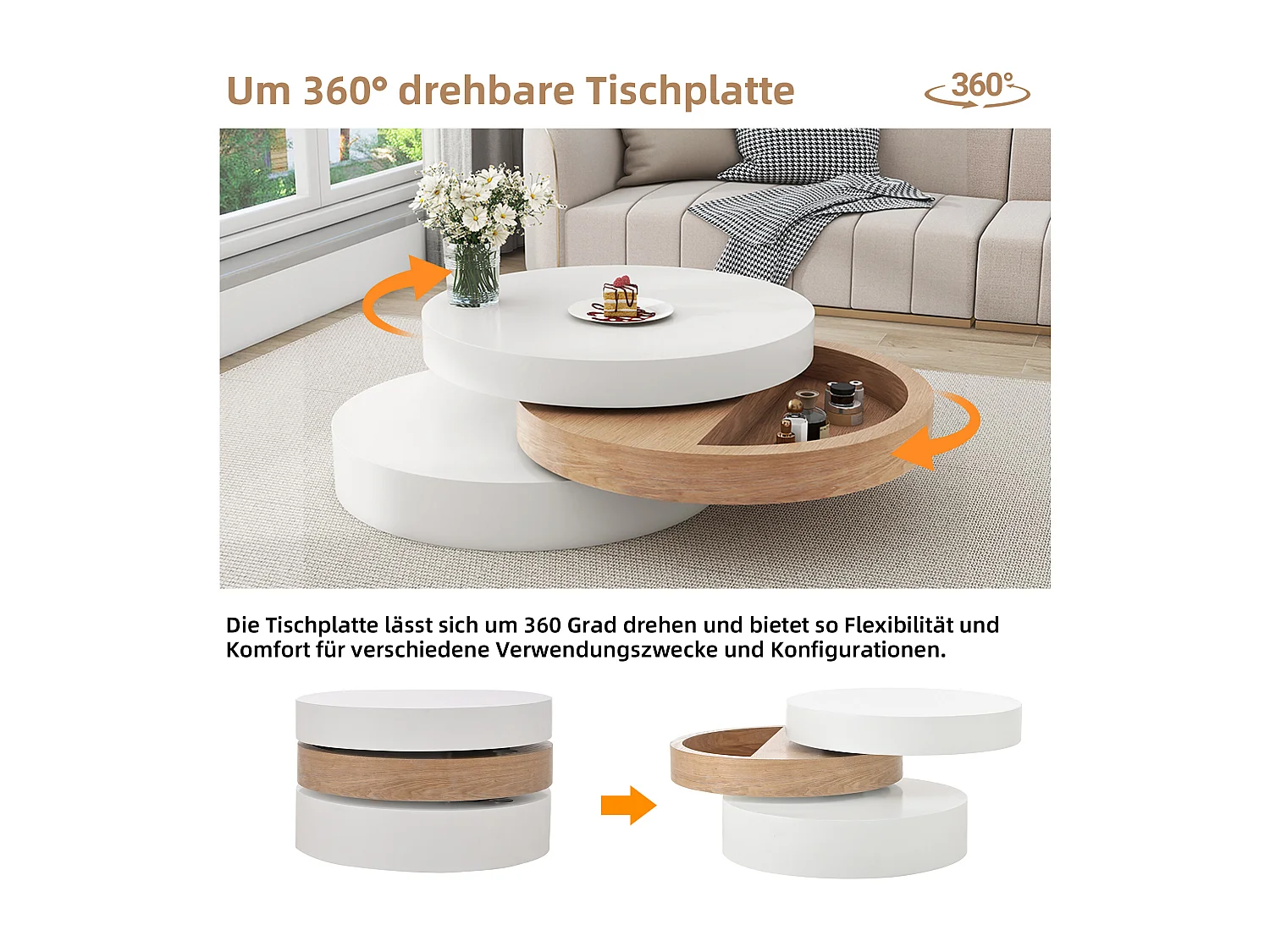 Cilindrische salontafel - 60 x 60 x 35,1 cm - draaibaar blad - met opbergruimte - MDF - wit