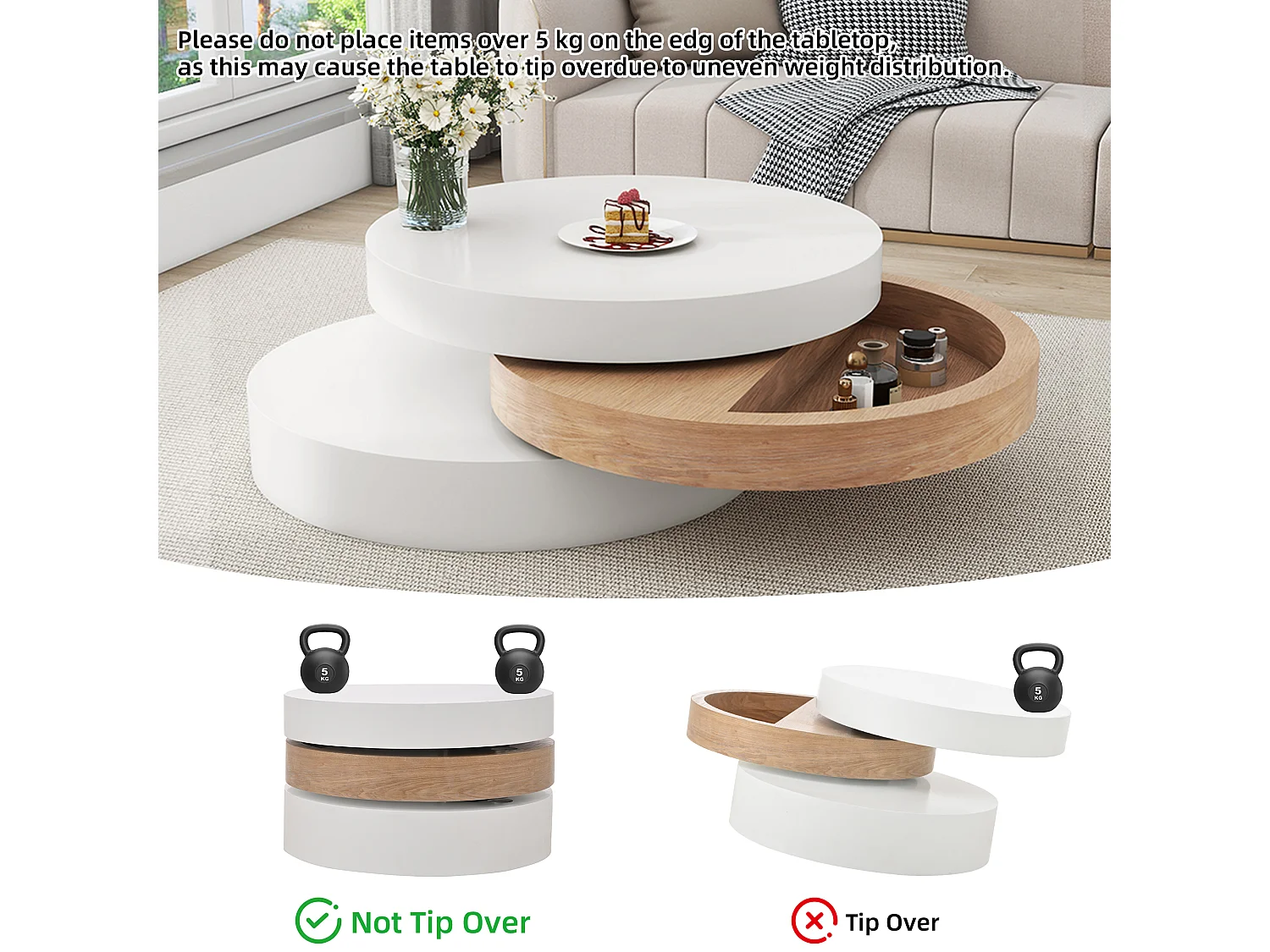 Cilindrische salontafel - 60 x 60 x 35,1 cm - draaibaar blad - met opbergruimte - MDF - wit