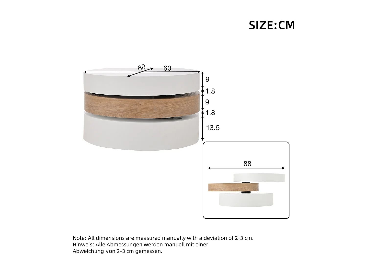 Cilindrische salontafel - 60 x 60 x 35,1 cm - draaibaar blad - met opbergruimte - MDF - wit