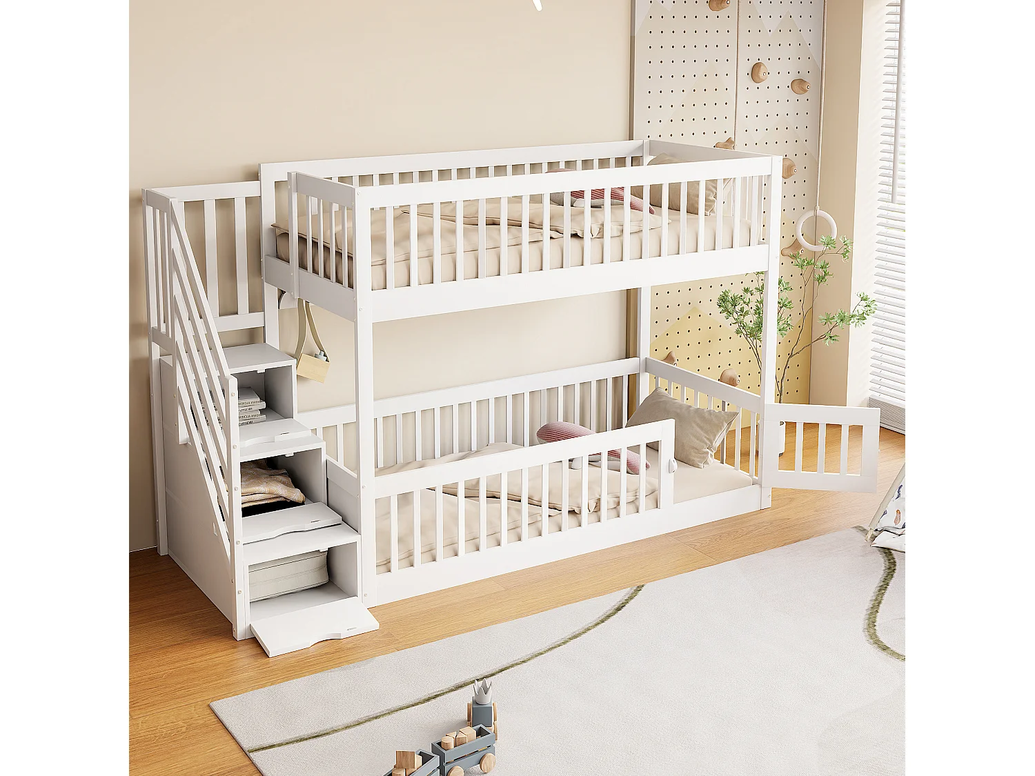 Lit superposés enfant - 2 x 90 x 200 - avec escalier de rangement + barrières - bois - blanc