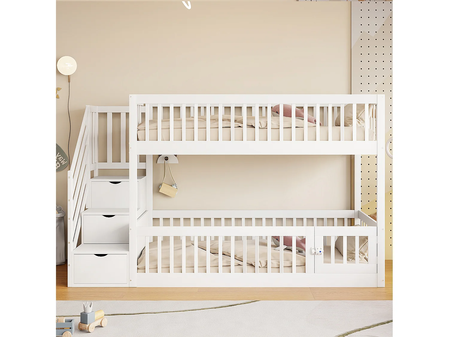Lit superposés enfant - 2 x 90 x 200 - avec escalier de rangement + barrières - bois - blanc