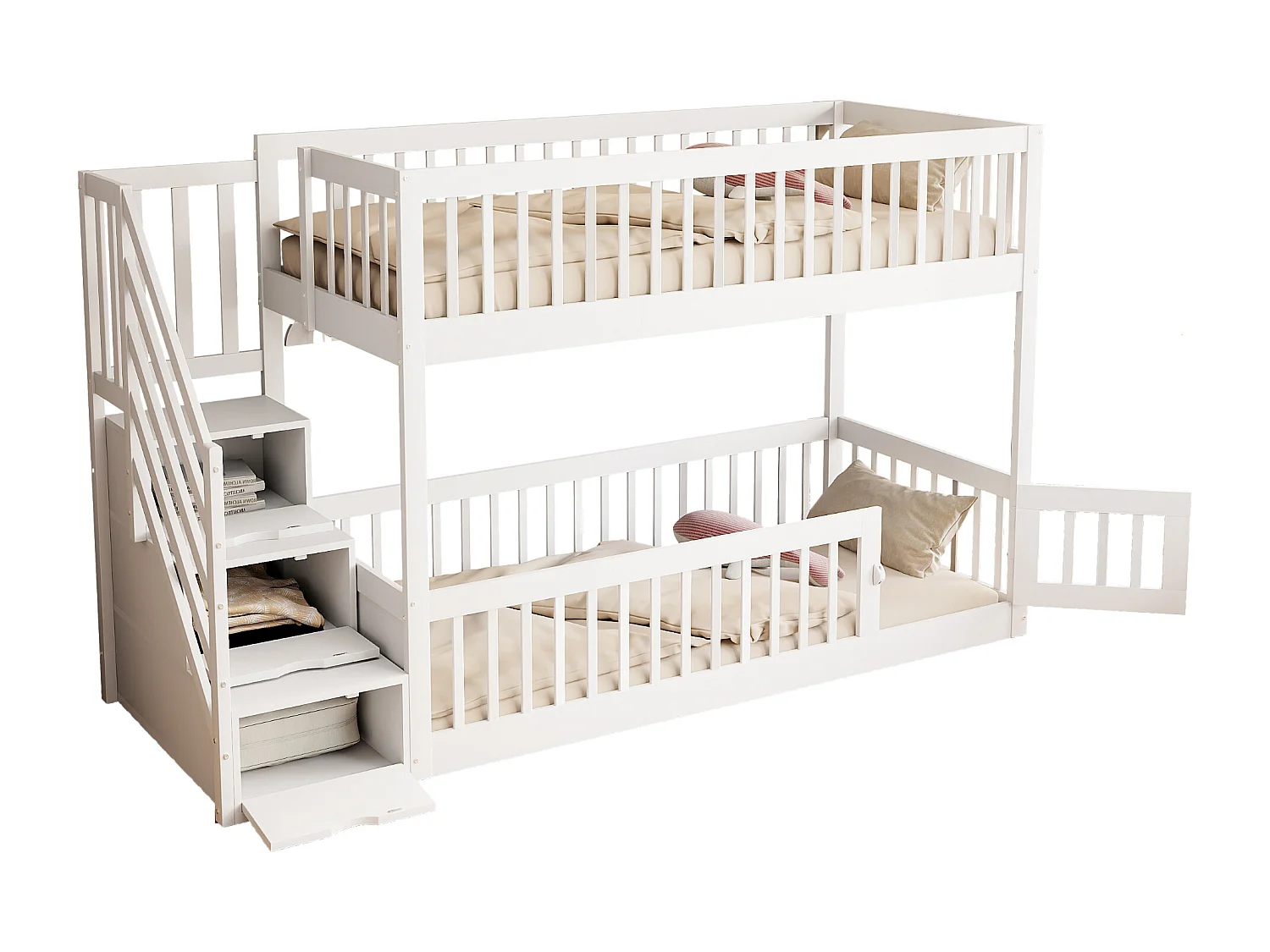 Lit superposés enfant - 2 x 90 x 200 - avec escalier de rangement + barrières - bois - blanc