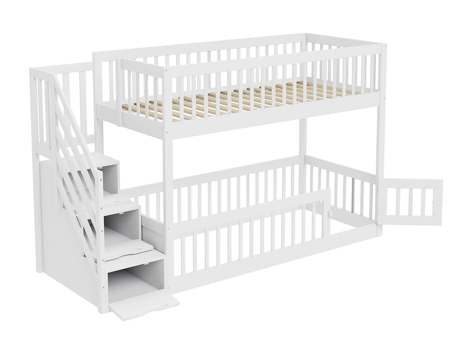 Lit superposés enfant - 2 x 90 x 200 - avec escalier de rangement + barrières - bois - blanc