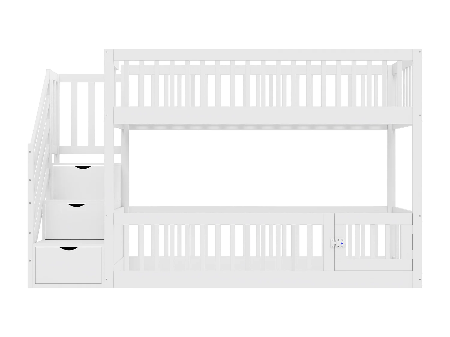 Lit superposés enfant - 2 x 90 x 200 - avec escalier de rangement + barrières - bois - blanc