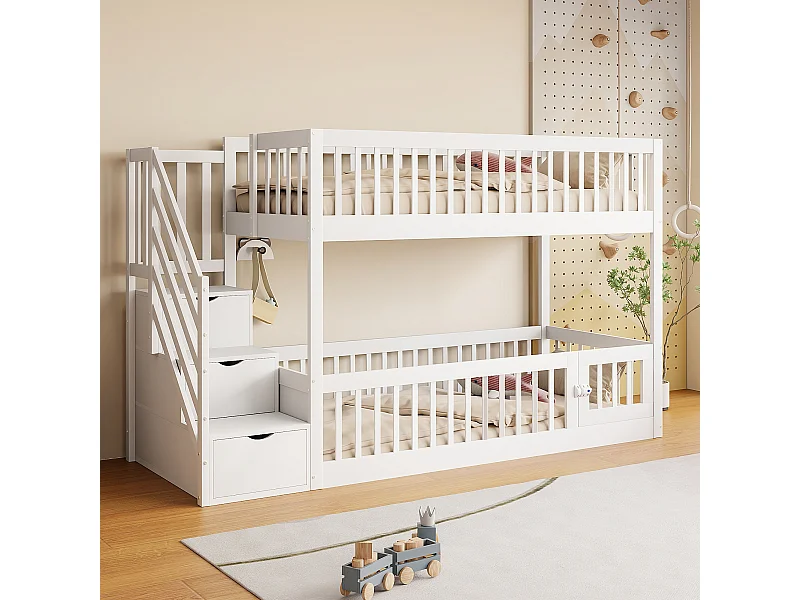 Lit superposés enfant - 2 x 90 x 200 - avec escalier de rangement + barrières - bois - blanc