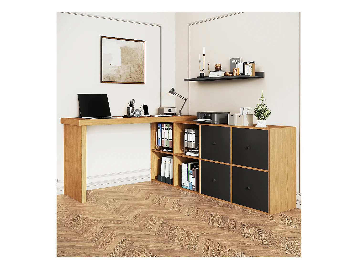 Secretária giratória - 140 x 120 x 78 cm - em L ou reta - com 4 prateleiras + 4 gavetas - MDF - natural