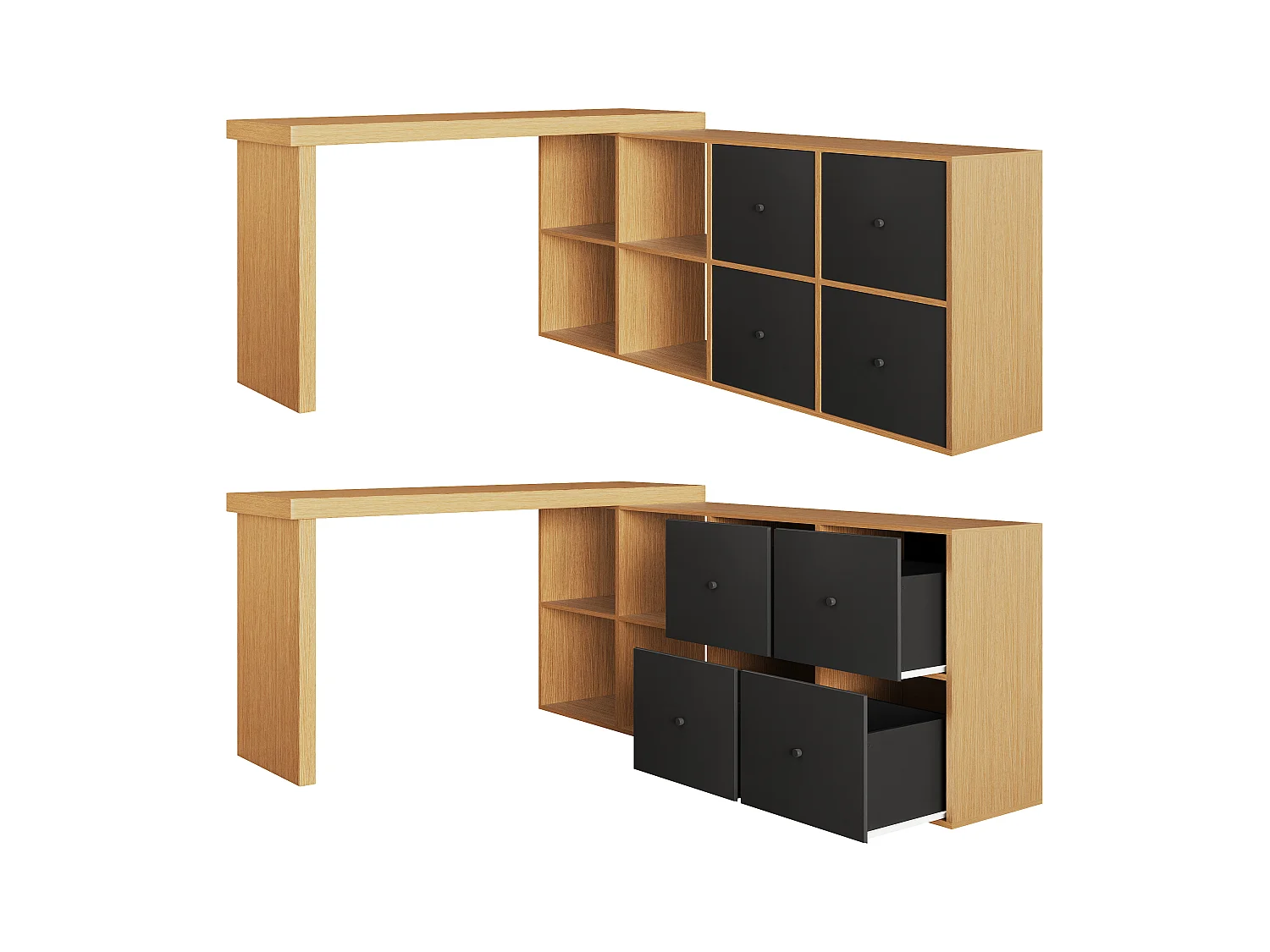 Bureau pivotant - 140 x 120 x 78 cm - en L ou droite - avec 4 étagères + 4 tiroirs - MDF - naturel