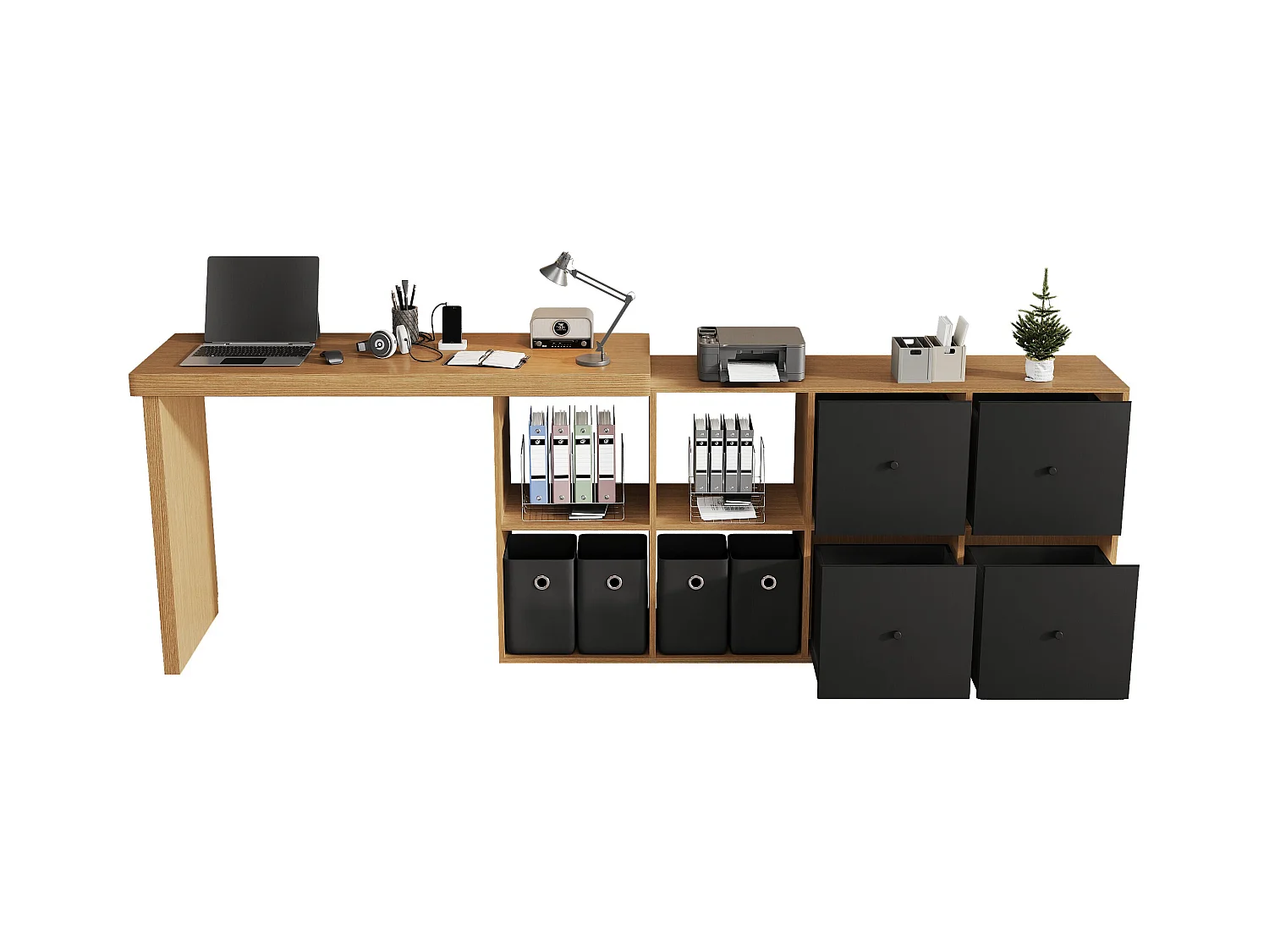 Bureau pivotant - 140 x 120 x 78 cm - en L ou droite - avec 4 étagères + 4 tiroirs - MDF - naturel