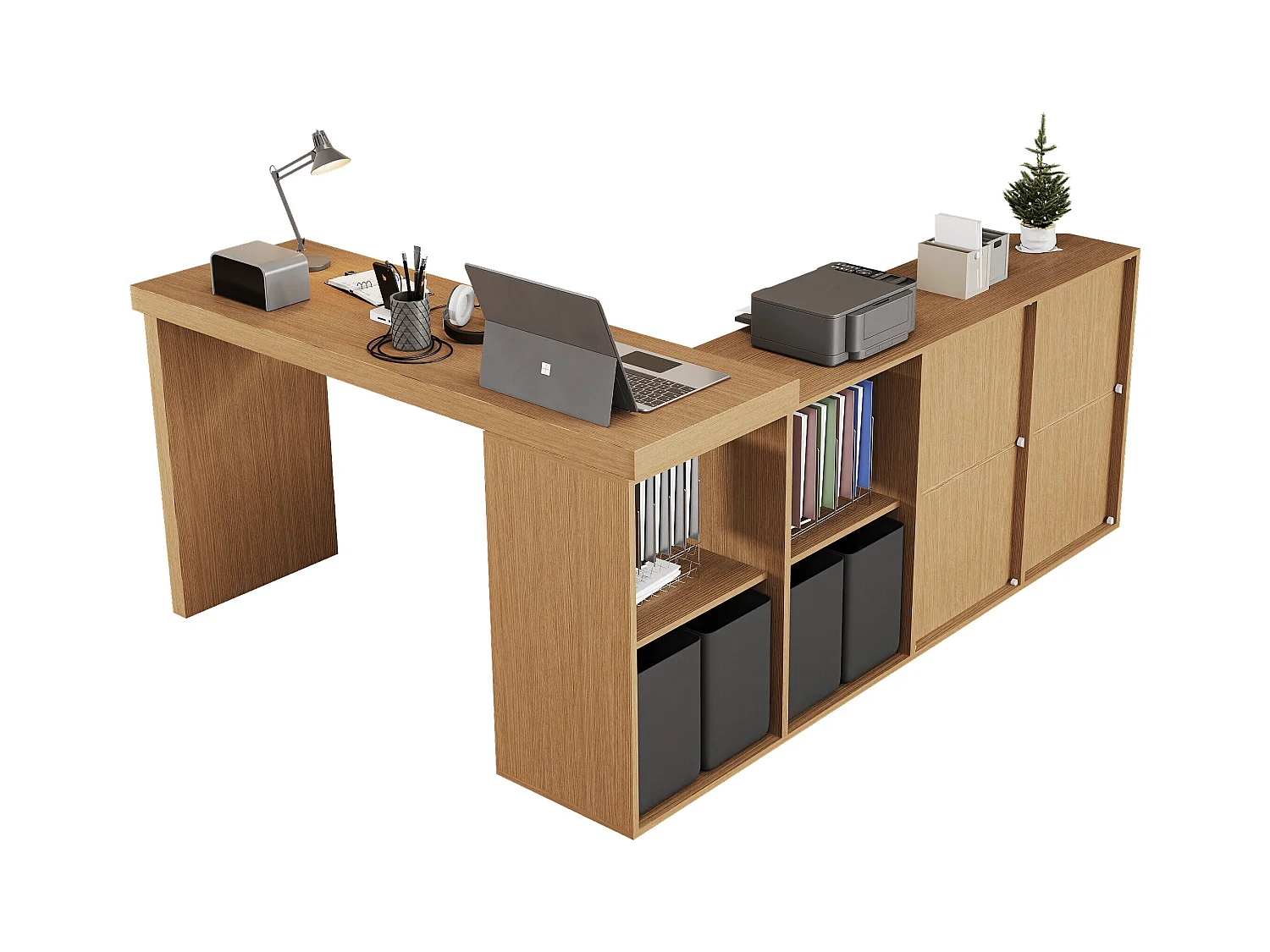 Bureau pivotant - 140 x 120 x 78 cm - en L ou droite - avec 4 étagères + 4 tiroirs - MDF - naturel