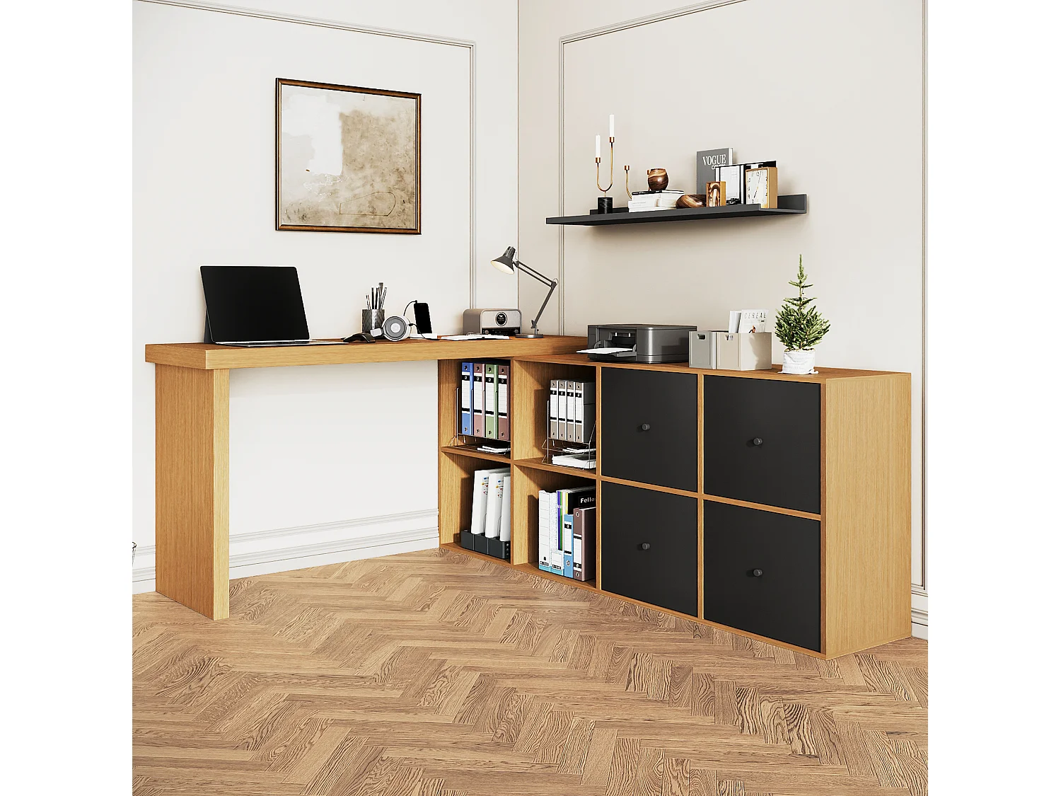 Biurko obrotowe - 140 x 120 x 78 cm - w kształcie litery L lub proste - z 4 półkami + 4 szufladami - płyta MDF - naturalny