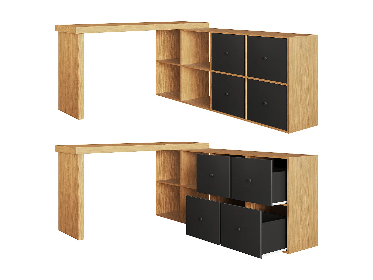 Biurko obrotowe - 140 x 120 x 78 cm - w kształcie litery L lub proste - z 4 półkami + 4 szufladami - płyta MDF - naturalny