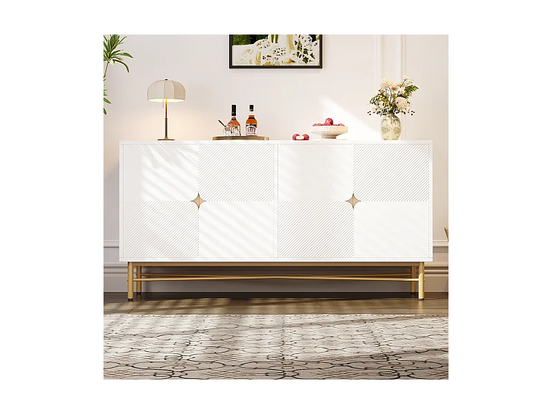 Buffet à texture en relief - 160 x 40 x 82 cm - avec 4 portes - pieds brillants - blanc - aggloméré - blanc