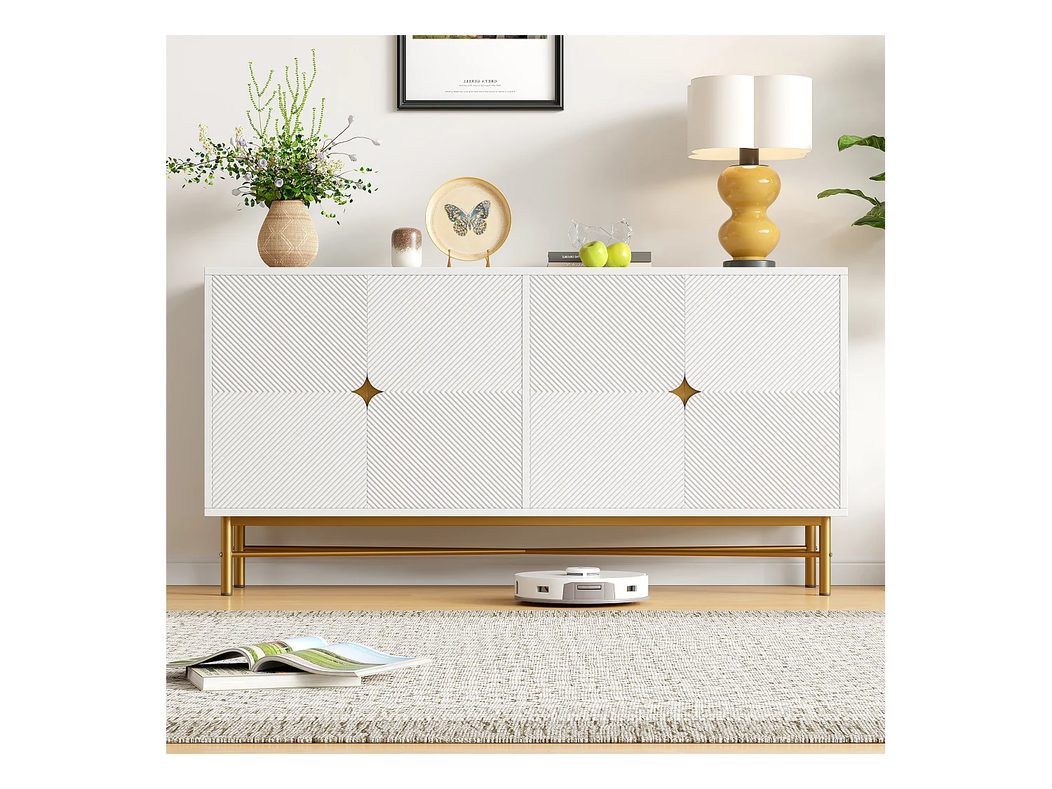 Buffet à texture en relief - 160 x 40 x 82 cm - avec 4 portes - pieds brillants - blanc - aggloméré - blanc