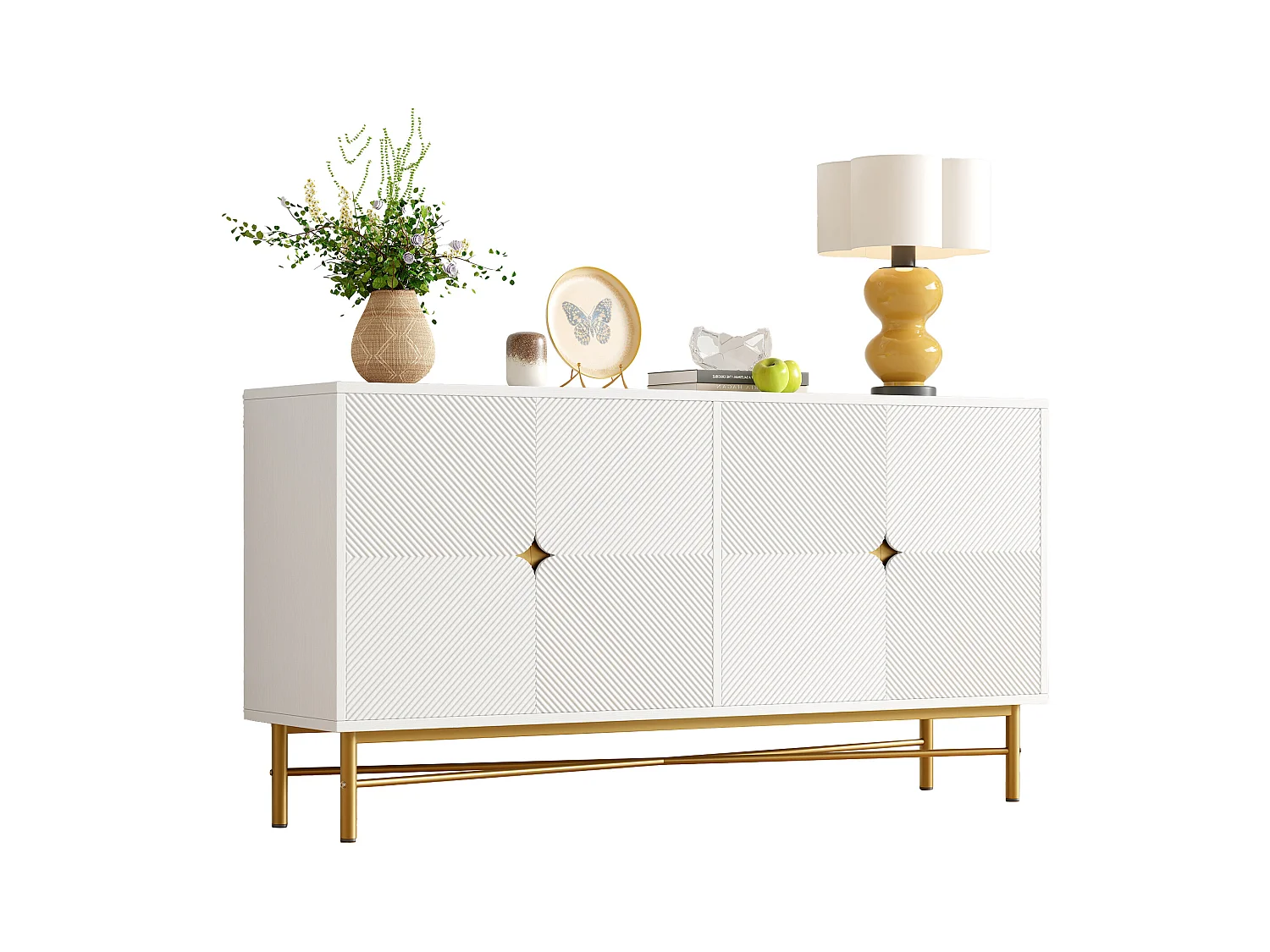 Buffet à texture en relief - 160 x 40 x 82 cm - avec 4 portes - pieds brillants - blanc - aggloméré - blanc