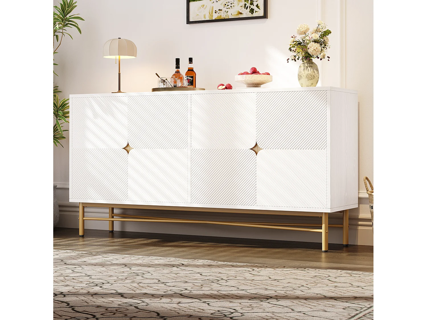 Dressoir met structuur - 160 x 40 x 82 cm - met 4 deuren - glanzende poten - wit - spaanplaat - wit