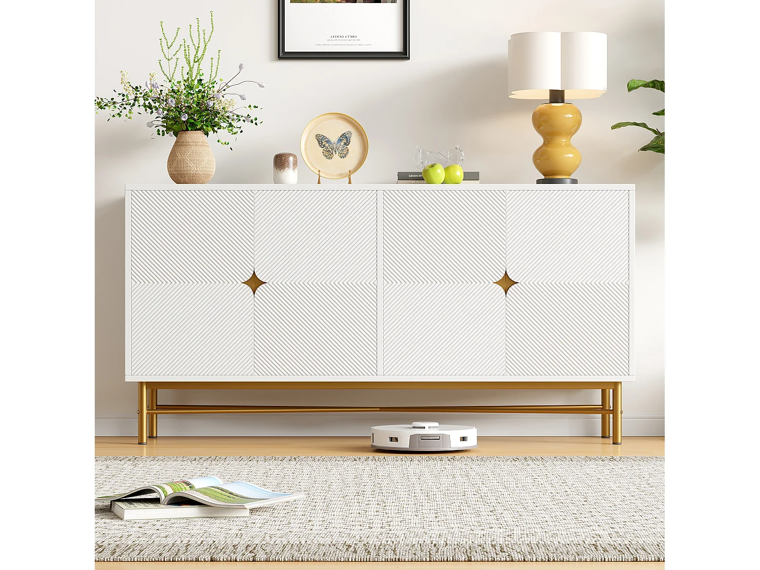 Dressoir met structuur - 160 x 40 x 82 cm - met 4 deuren - glanzende poten - wit - spaanplaat - wit