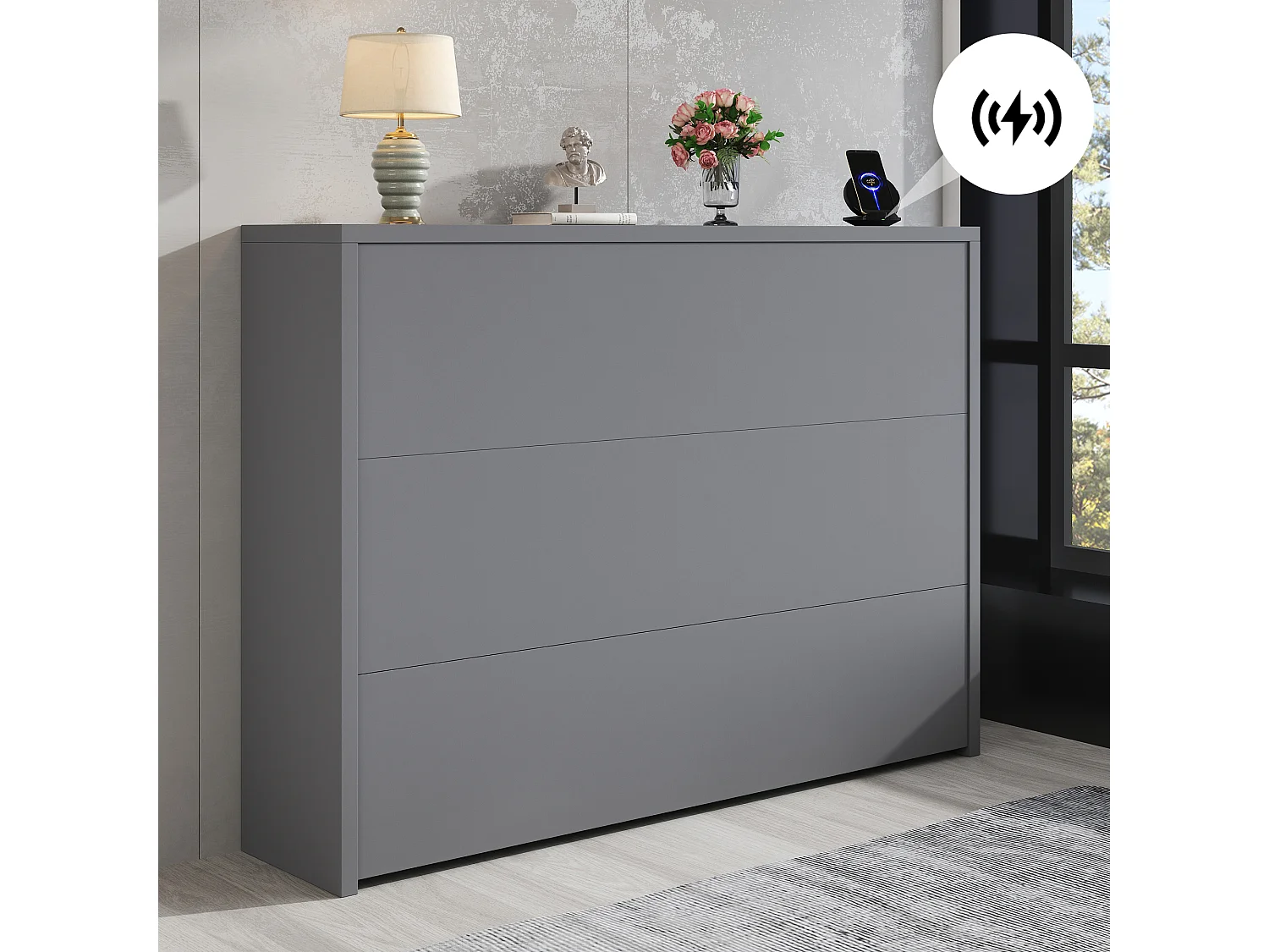 Bureau pliable avec chargeur sans fil - 115 x 51 x 93 cm - buffet et bureau 2 en 1 - aggloméré - gris