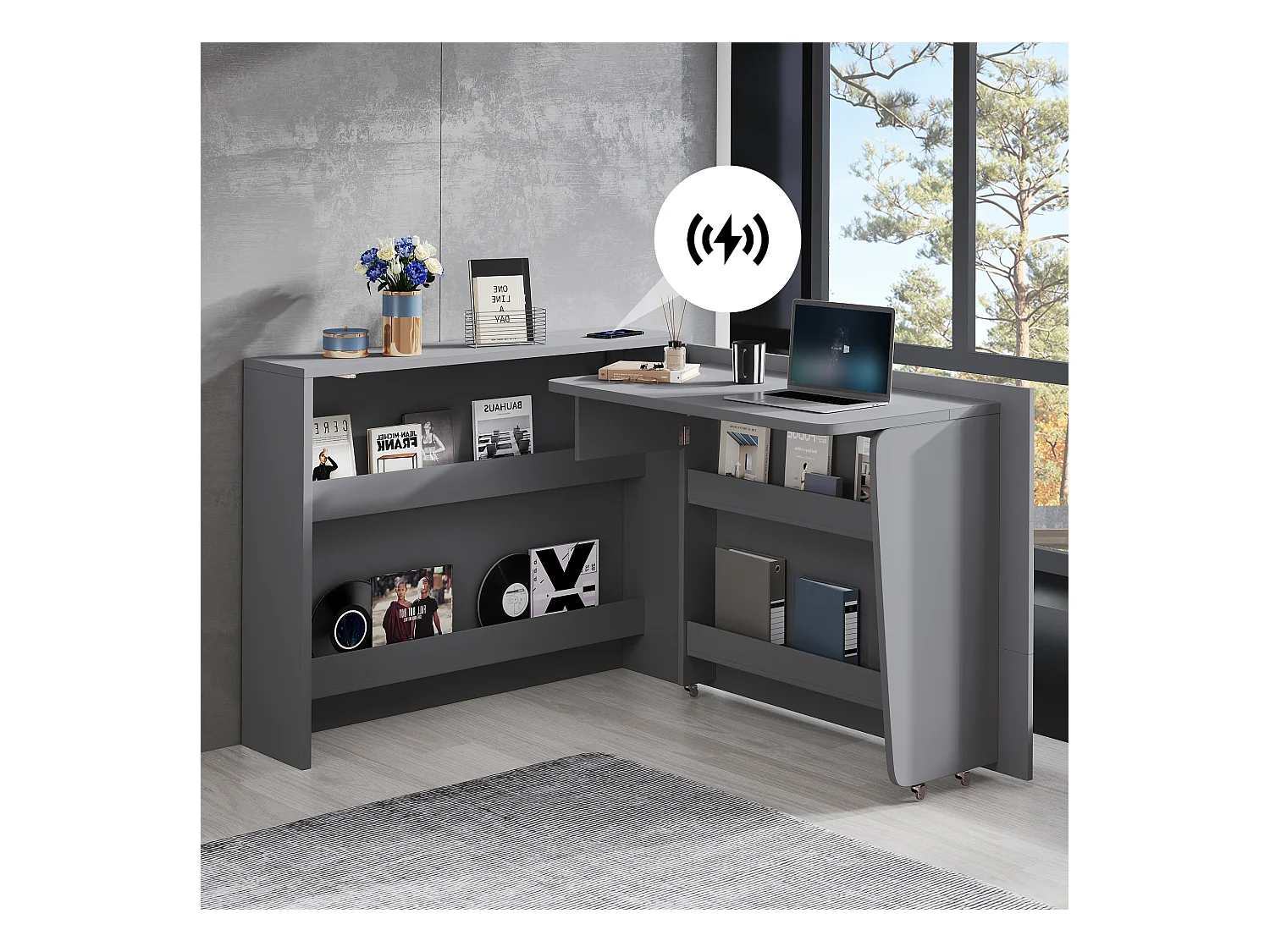 Bureau pliable avec chargeur sans fil - 115 x 51 x 93 cm - buffet et bureau 2 en 1 - aggloméré - gris