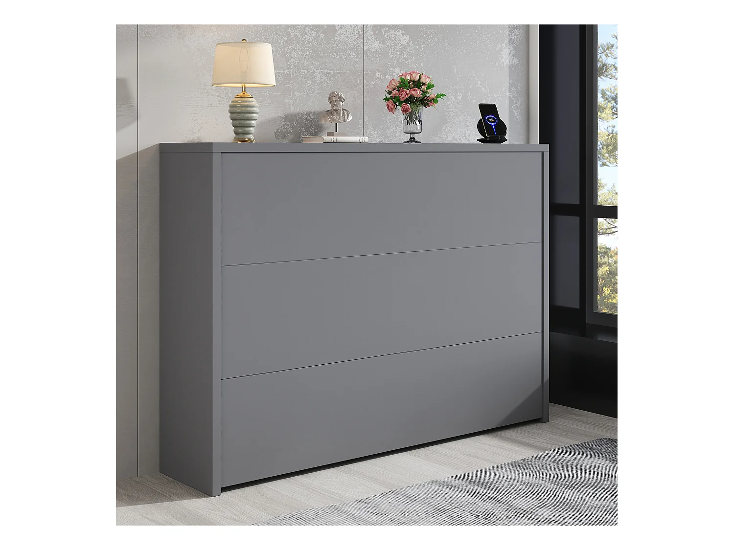 Bureau pliable avec chargeur sans fil - 115 x 51 x 93 cm - buffet et bureau 2 en 1 - aggloméré - gris