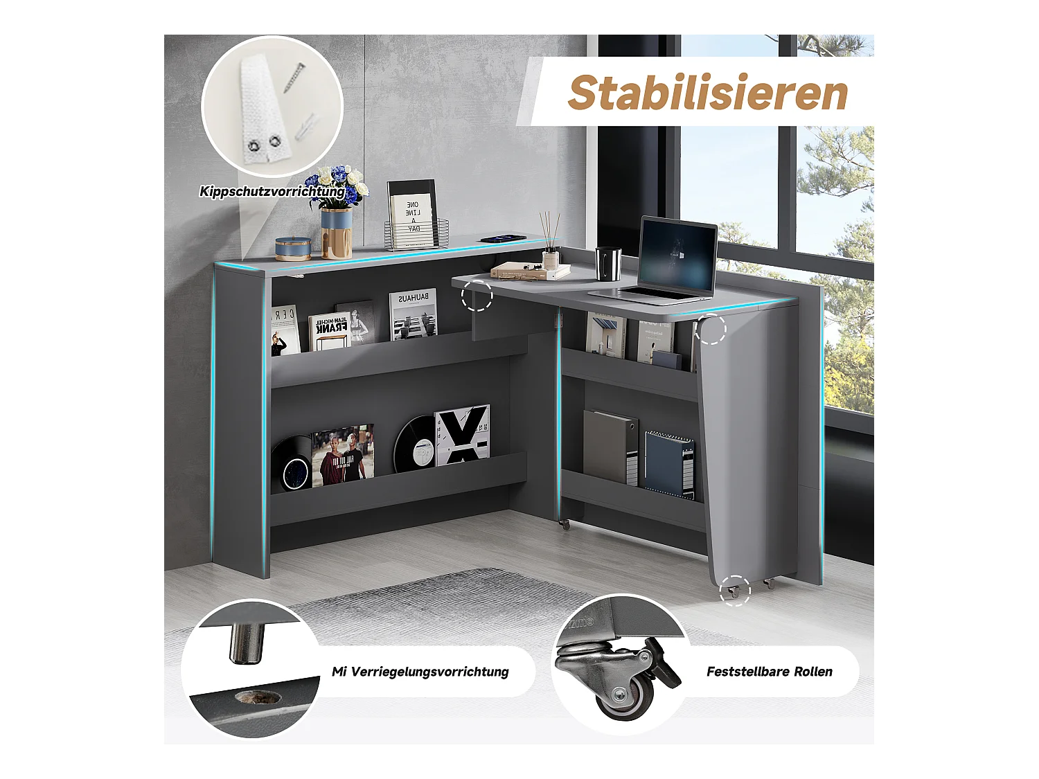 Bureau pliable avec chargeur sans fil - 115 x 51 x 93 cm - buffet et bureau 2 en 1 - aggloméré - gris