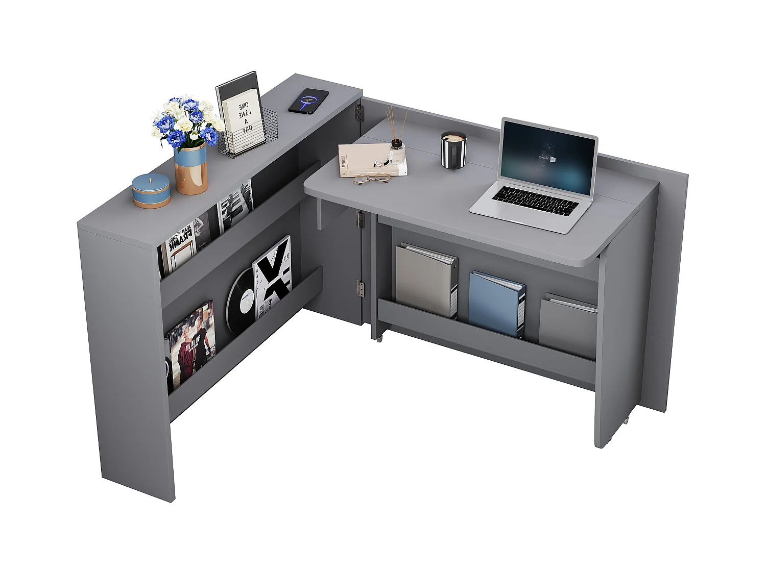 Bureau pliable avec chargeur sans fil - 115 x 51 x 93 cm - buffet et bureau 2 en 1 - aggloméré - gris