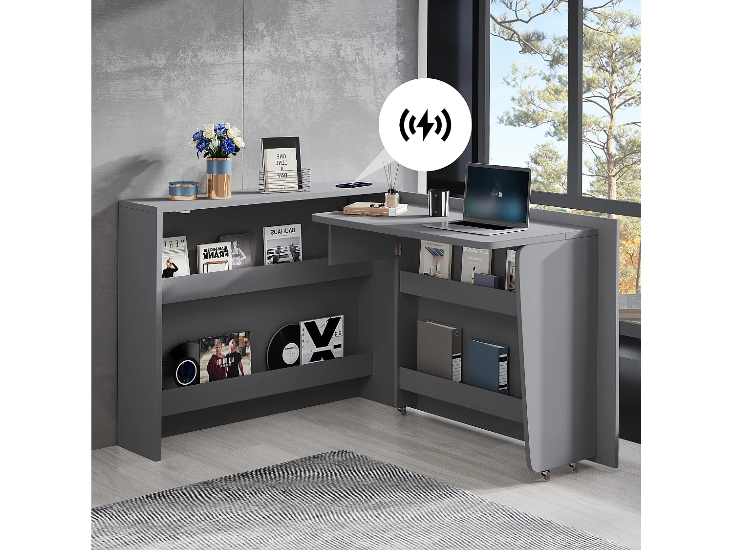 Bureau pliable avec chargeur sans fil - 115 x 51 x 93 cm - buffet et bureau 2 en 1 - aggloméré - gris
