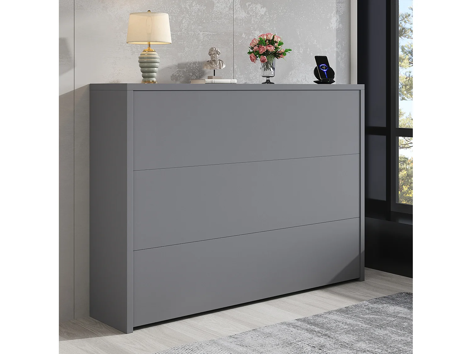 Bureau pliable avec chargeur sans fil - 115 x 51 x 93 cm - buffet et bureau 2 en 1 - aggloméré - gris