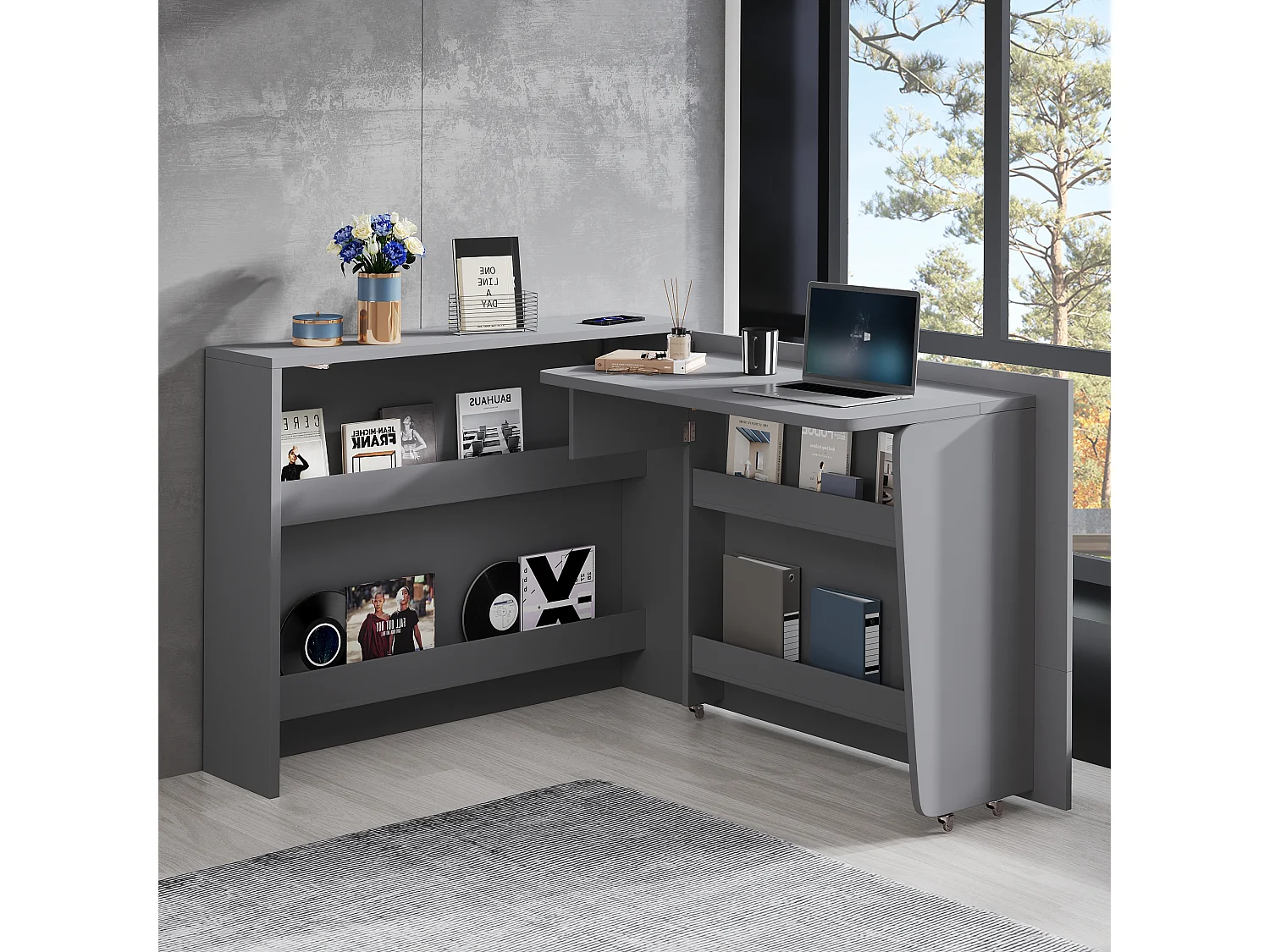 Bureau pliable avec chargeur sans fil - 115 x 51 x 93 cm - buffet et bureau 2 en 1 - aggloméré - gris