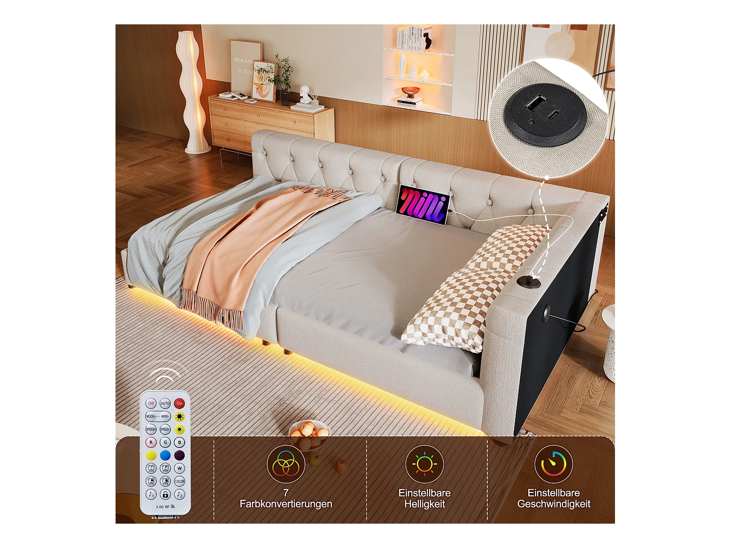 Divano letto per bambini - 90 x 200 cm - con rete a doghe + LED + testiera con USB - lino - beige