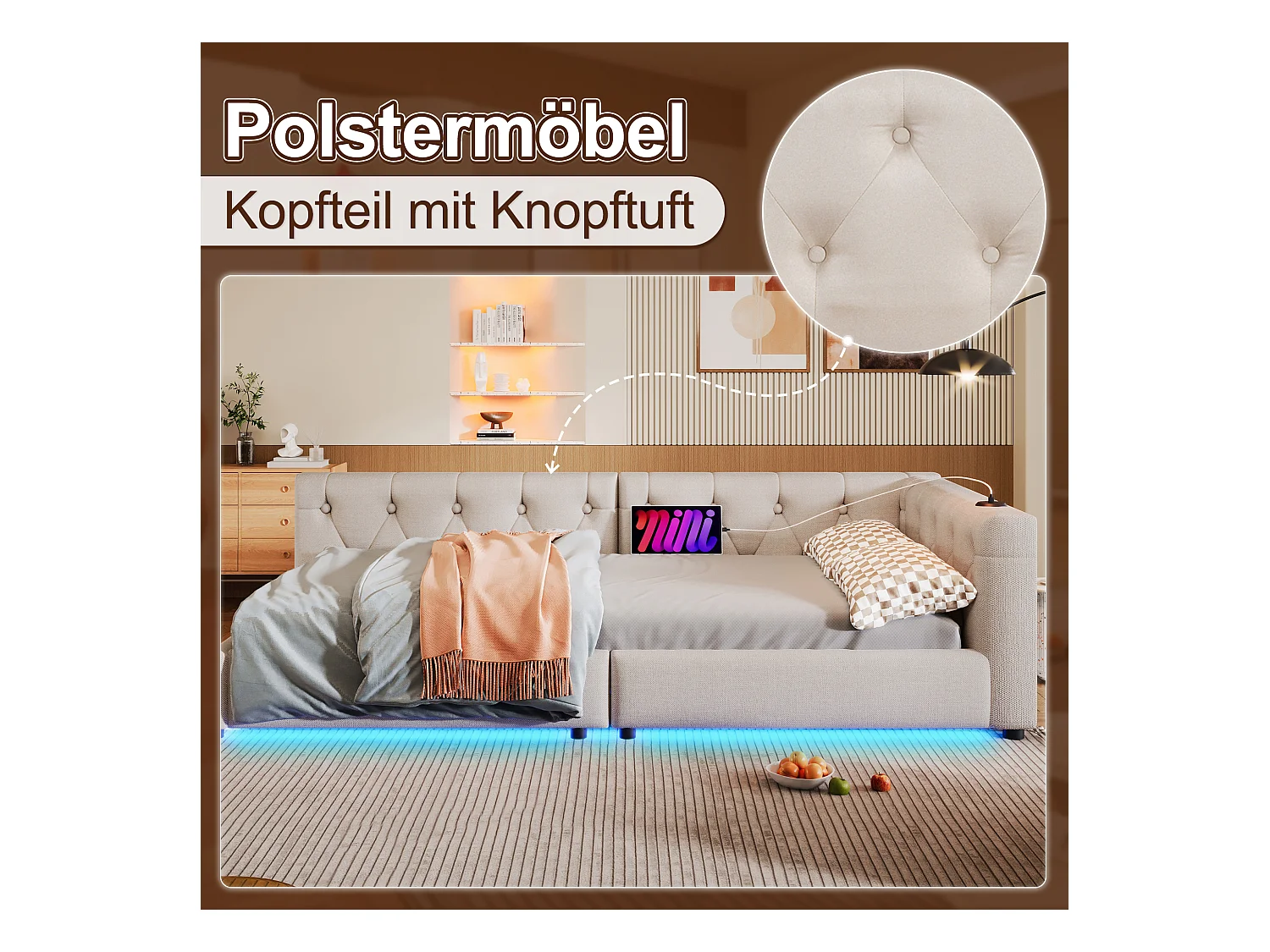 Divano letto per bambini - 90 x 200 cm - con rete a doghe + LED + testiera con USB - lino - beige