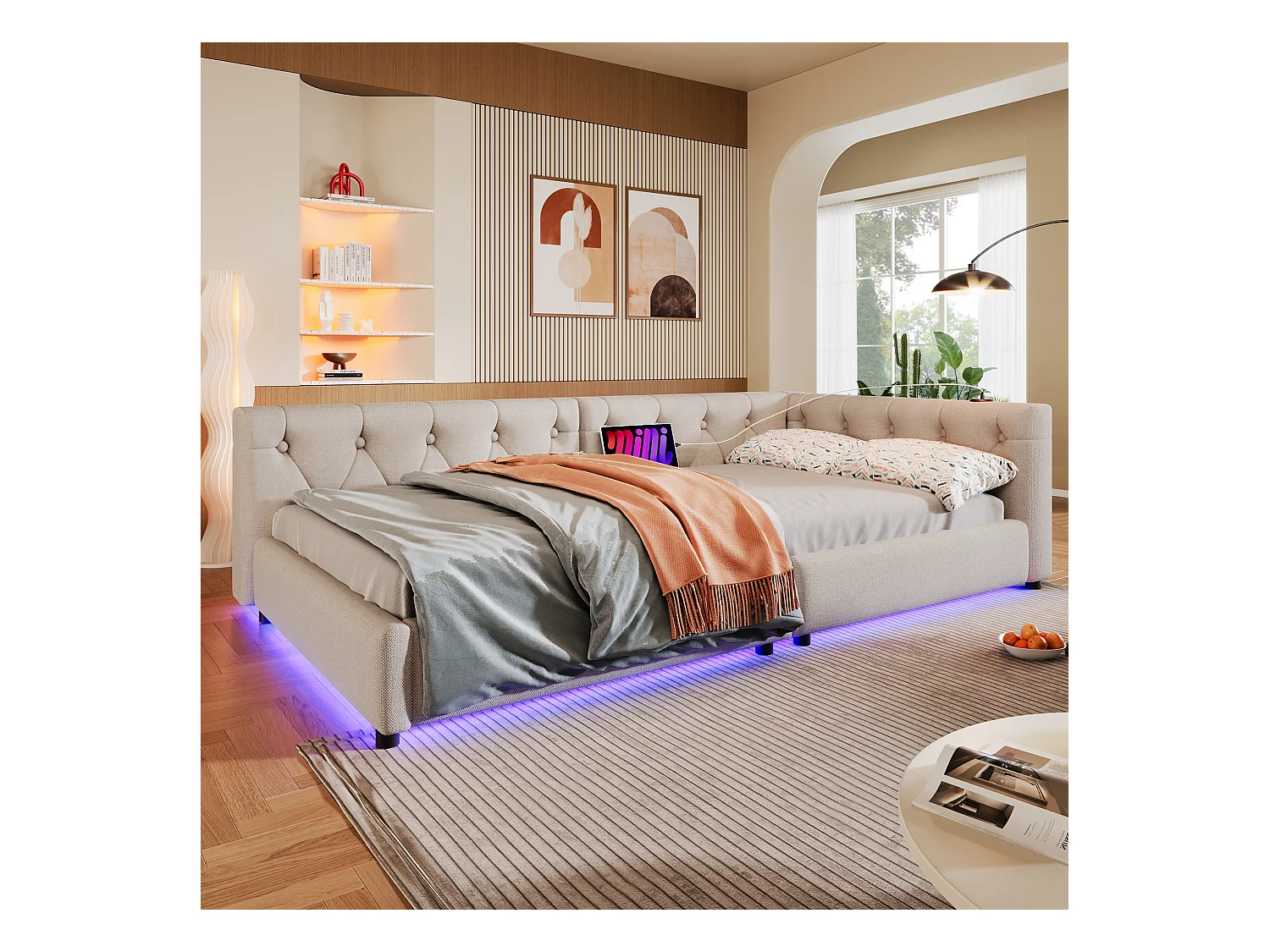 Divano letto per bambini - 90 x 200 cm - con rete a doghe + LED + testiera con USB - lino - beige