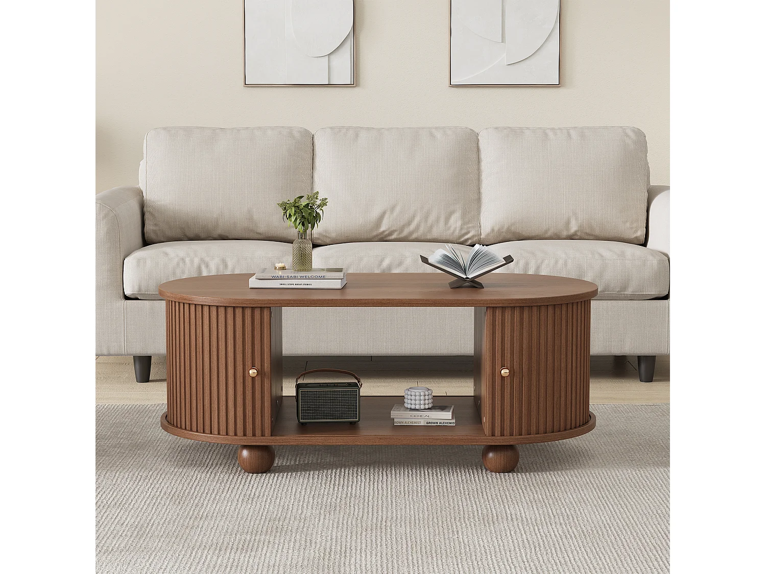 Notenhouten salontafel - 100 x 50 x 40 cm - met opbergruimte + schuifdeuren - MDF - donker naturel