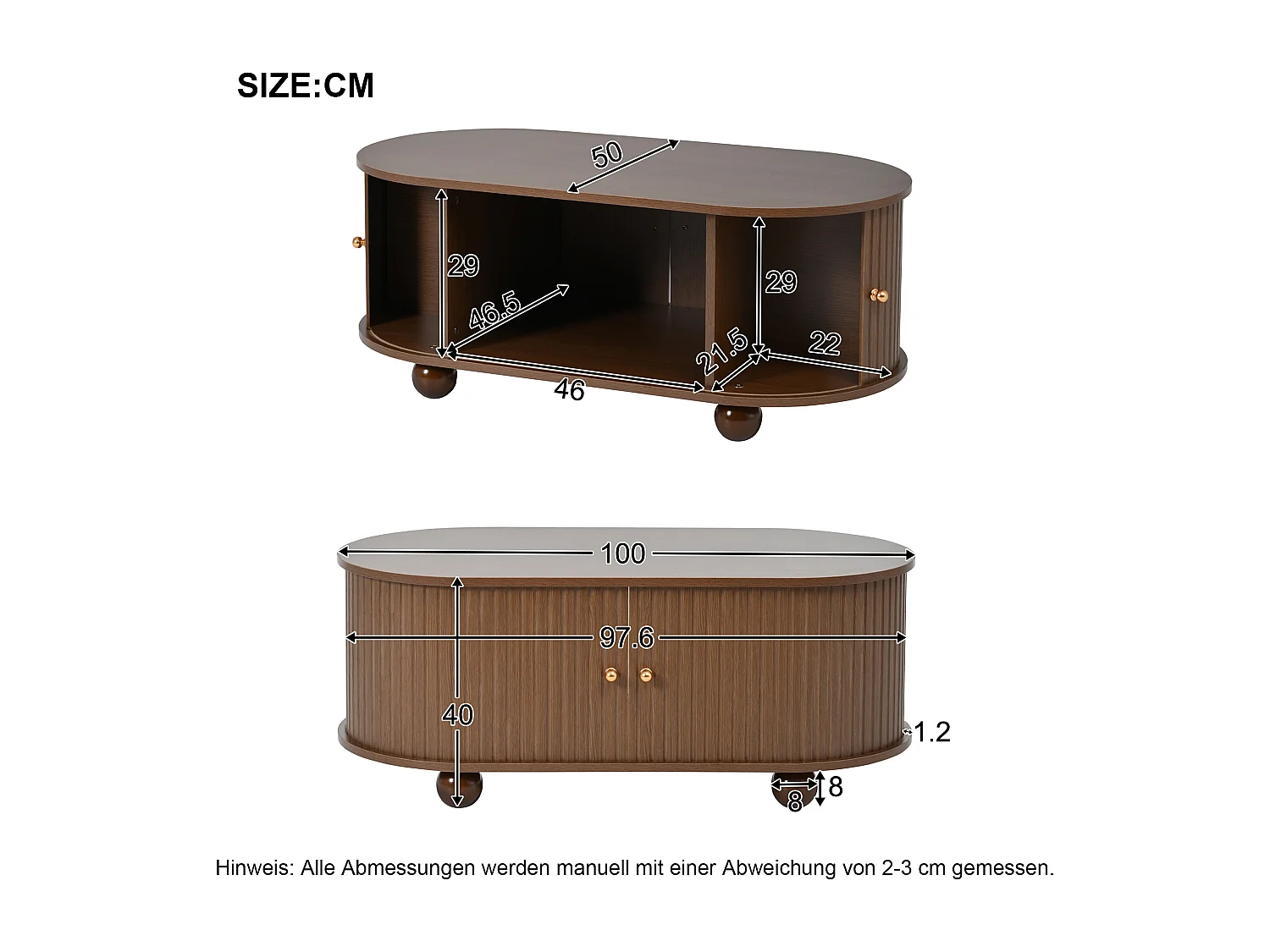 Notenhouten salontafel - 100 x 50 x 40 cm - met opbergruimte + schuifdeuren - MDF - donker naturel