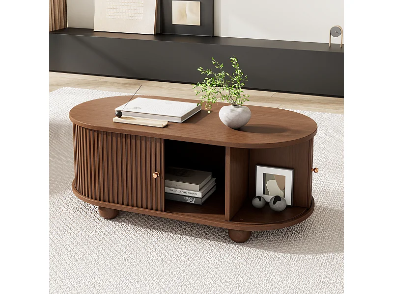 Notenhouten salontafel - 100 x 50 x 40 cm - met opbergruimte + schuifdeuren - MDF - donker naturel