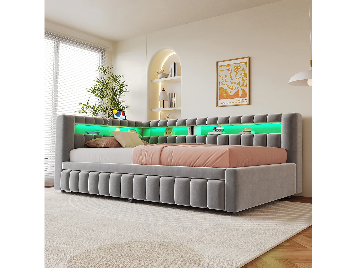 Klädd utdragbar bäddsoffa - 90/180 x 200 cm - med LED-belysning + huvudgavel + ryggstöd - sammet - ljusgrå