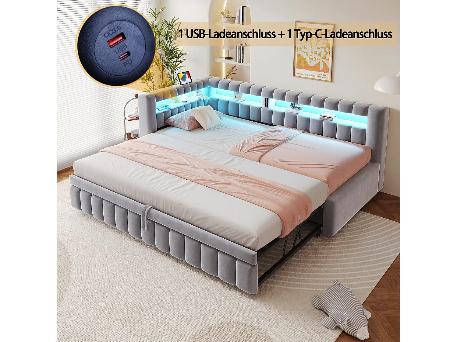 Klädd utdragbar bäddsoffa - 90/180 x 200 cm - med LED-belysning + huvudgavel + ryggstöd - sammet - ljusgrå