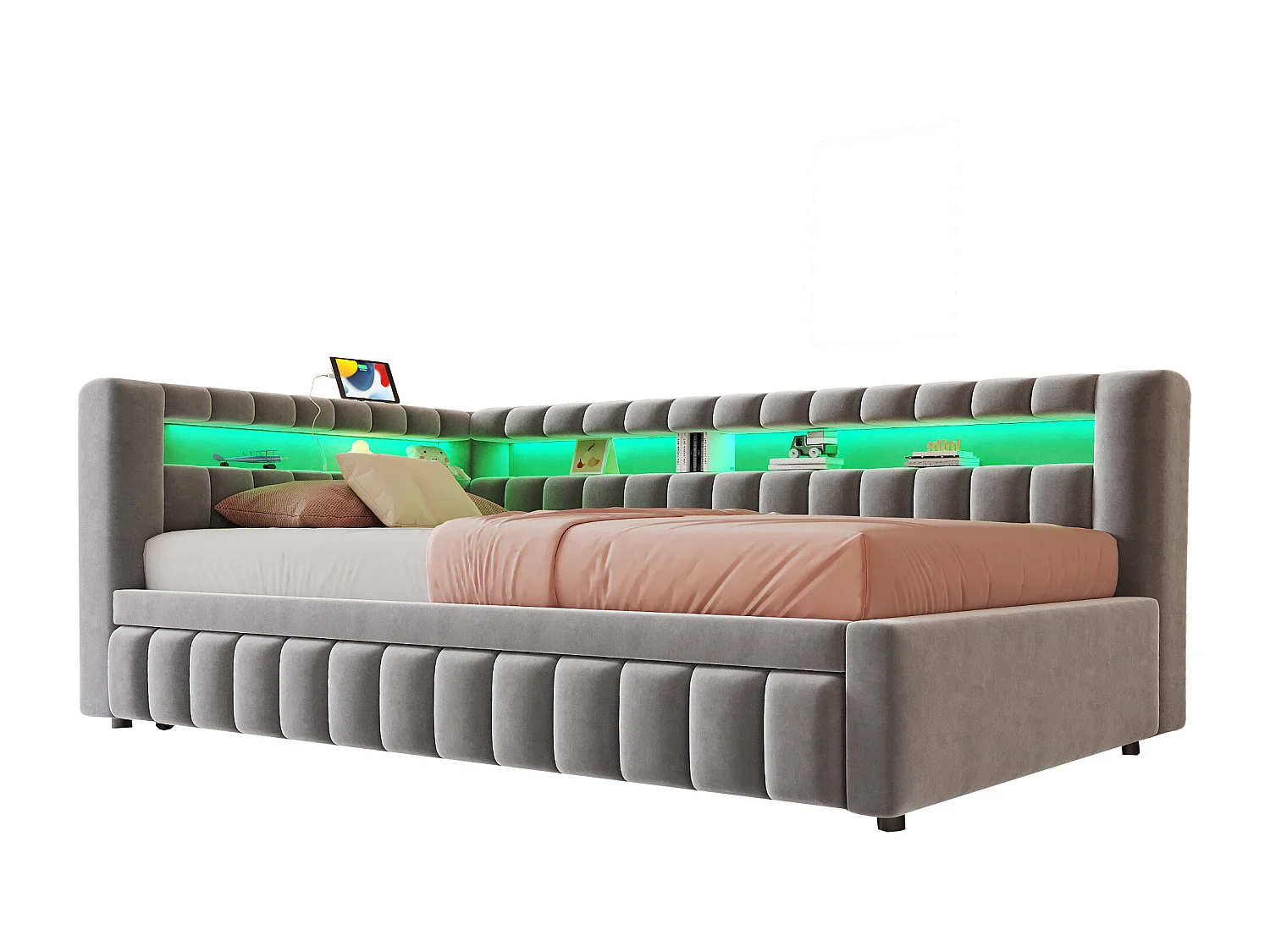 Klädd utdragbar bäddsoffa - 90/180 x 200 cm - med LED-belysning + huvudgavel + ryggstöd - sammet - ljusgrå