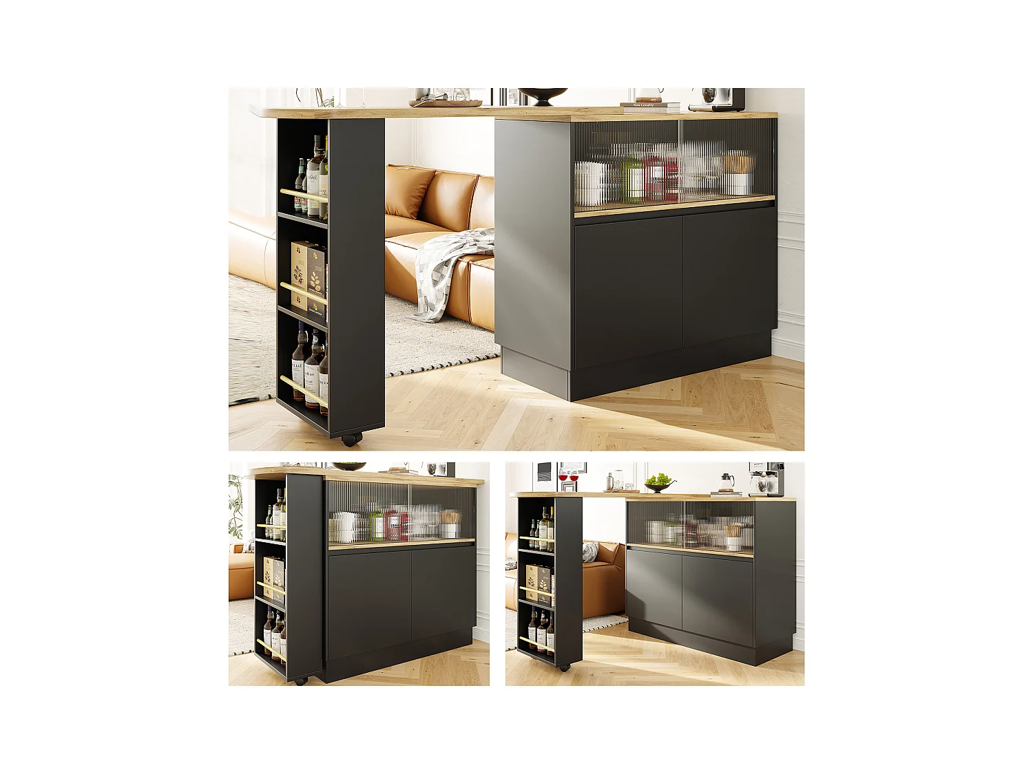 Meuble de bar rotatif - 120 x 90 x 103 cm - avec étagères et verre + 4 portes - MDF - noir
