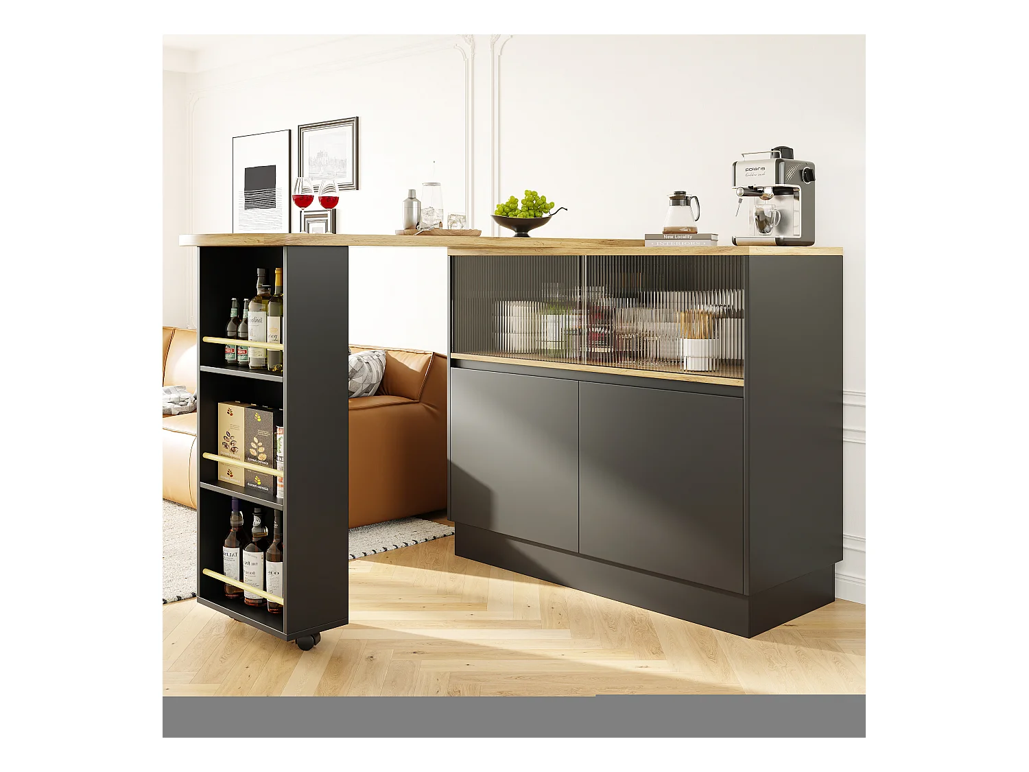 Meuble de bar rotatif - 120 x 90 x 103 cm - avec étagères et verre + 4 portes - MDF - noir