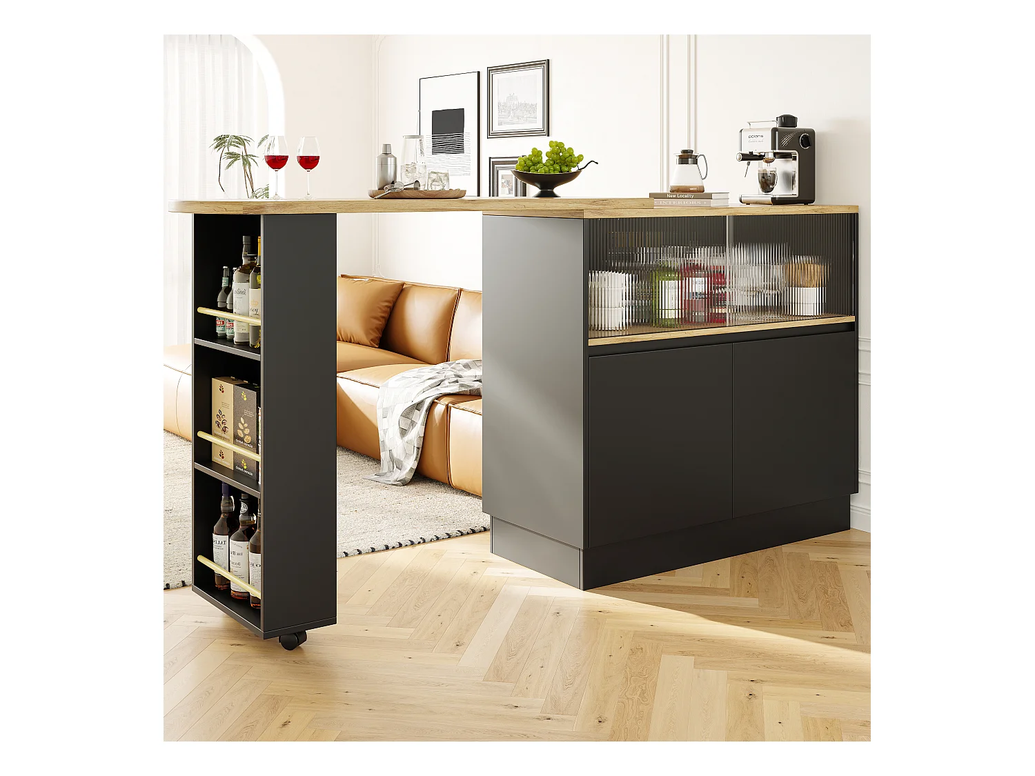 Meuble de bar rotatif - 120 x 90 x 103 cm - avec étagères et verre + 4 portes - MDF - noir