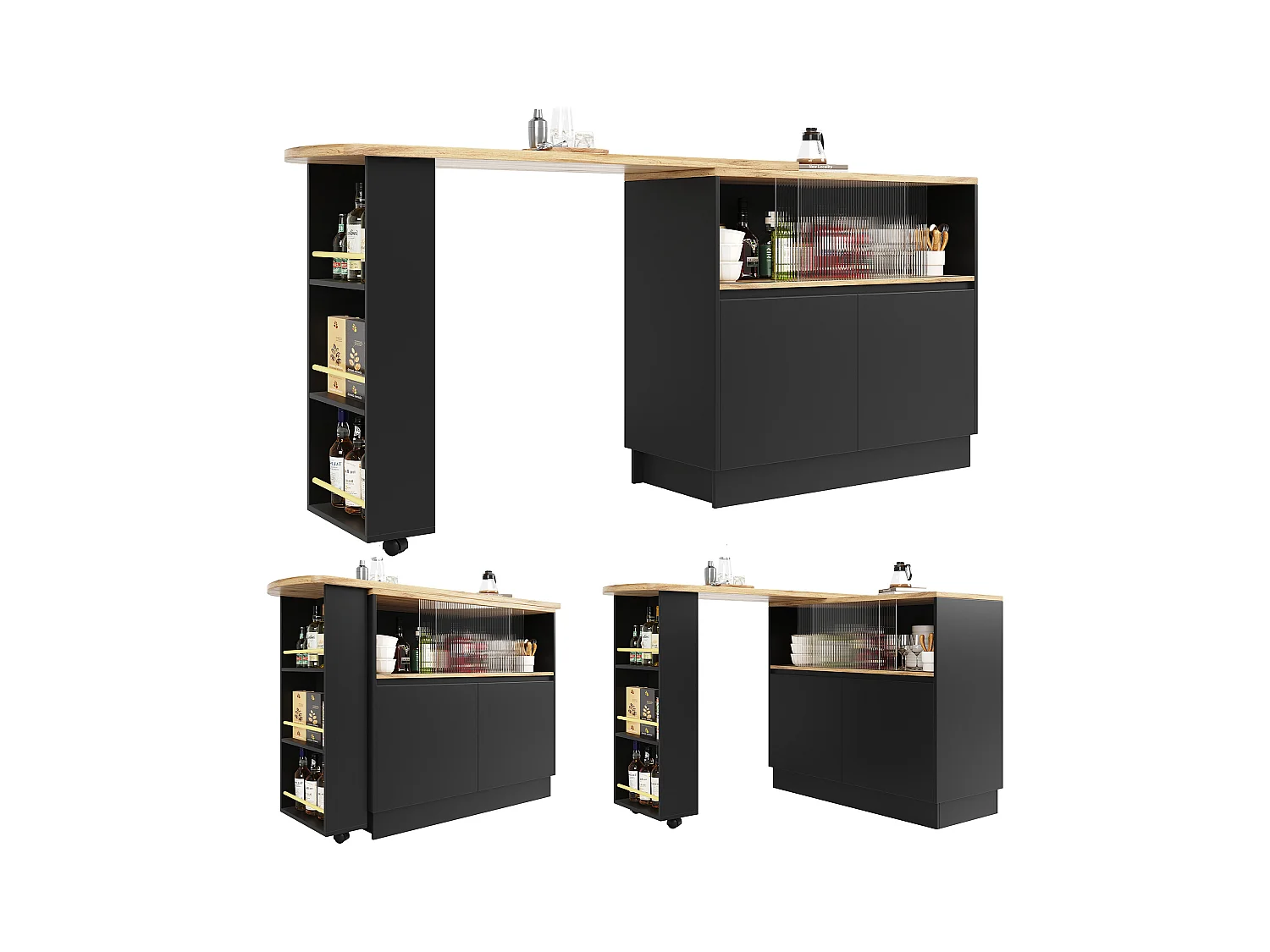 Meuble de bar rotatif - 120 x 90 x 103 cm - avec étagères et verre + 4 portes - MDF - noir