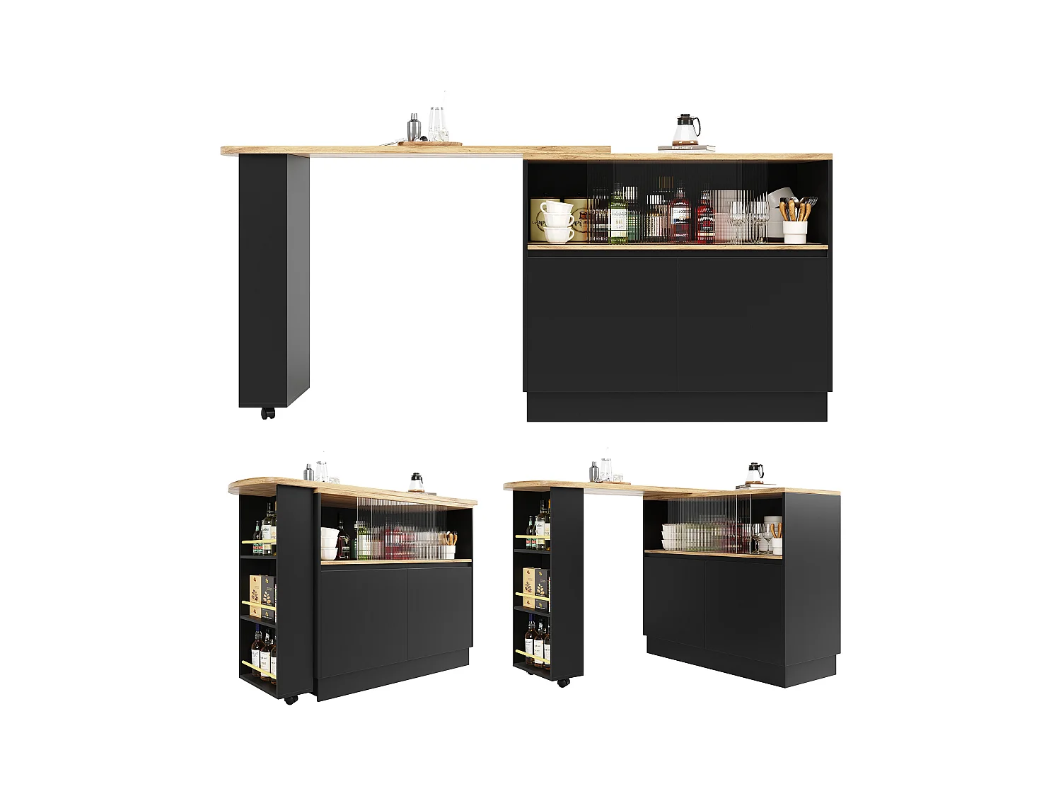 Meuble de bar rotatif - 120 x 90 x 103 cm - avec étagères et verre + 4 portes - MDF - noir