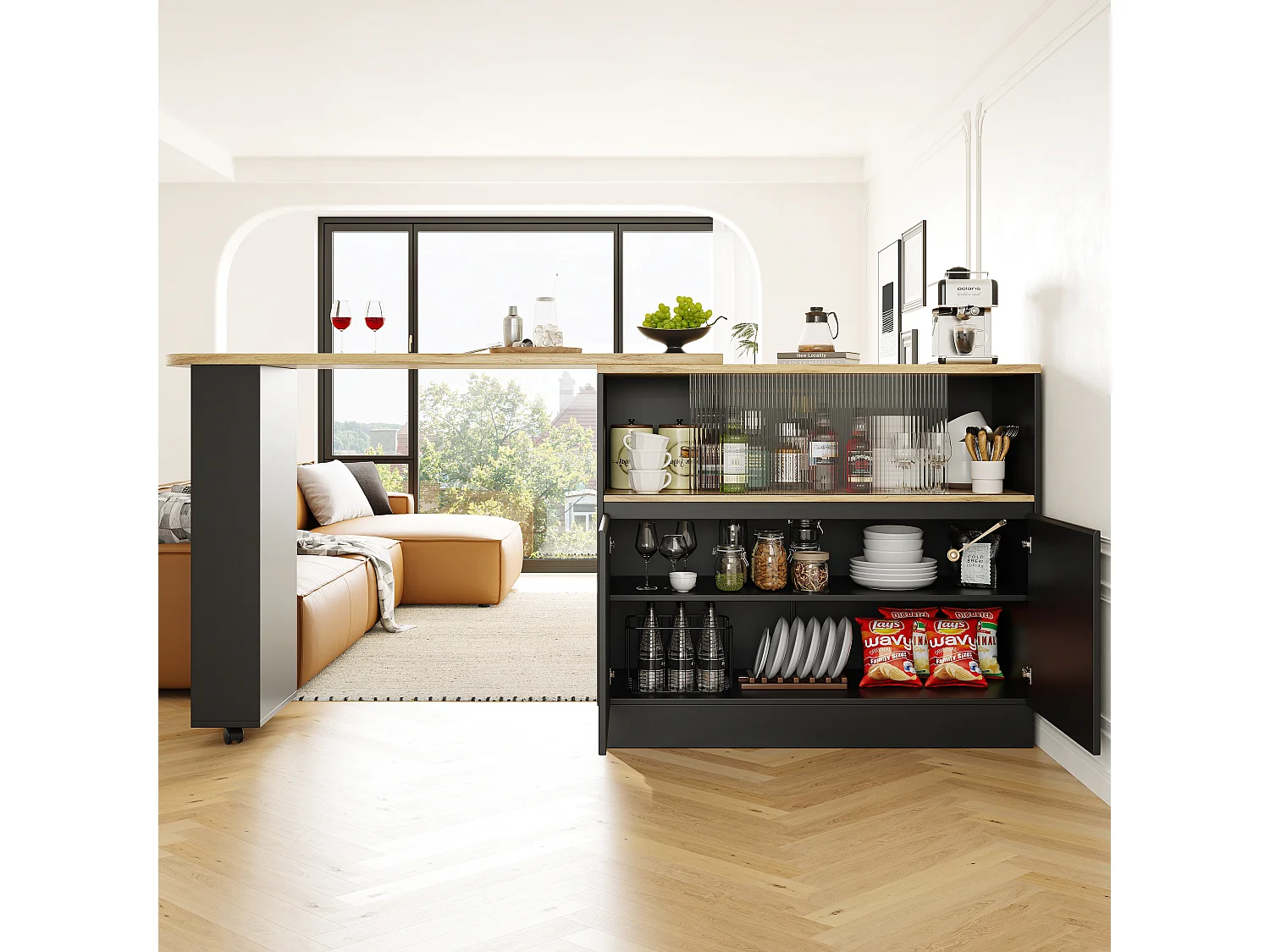 Meuble de bar rotatif - 120 x 90 x 103 cm - avec étagères et verre + 4 portes - MDF - noir