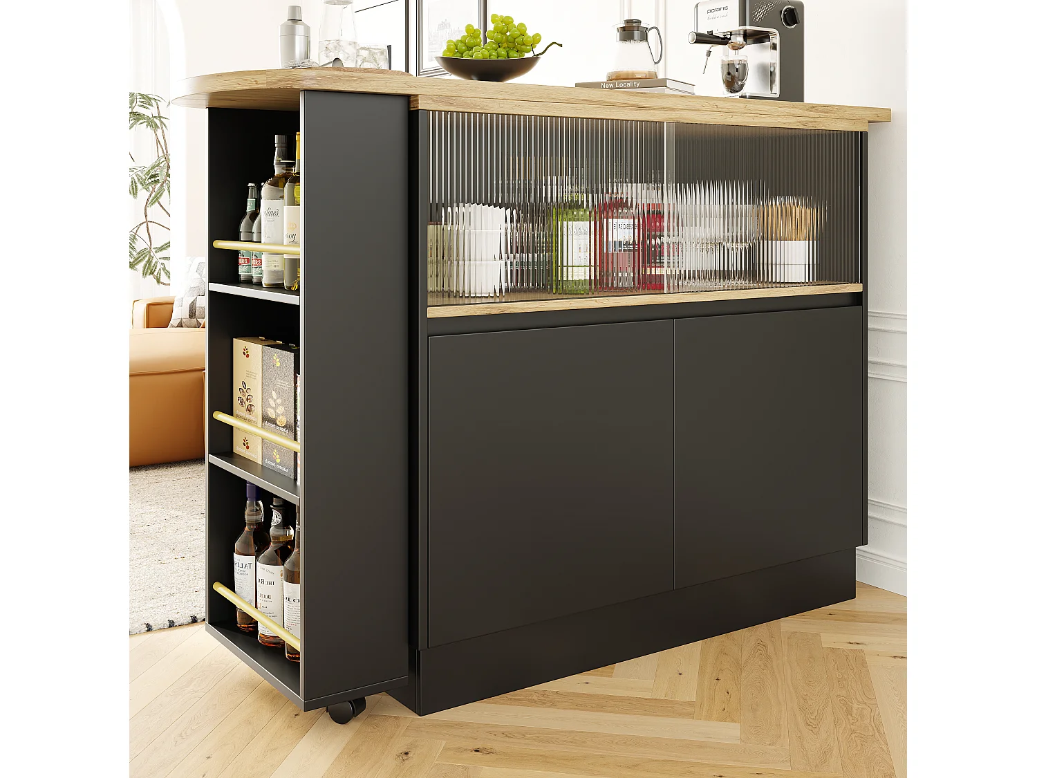 Meuble de bar rotatif - 120 x 90 x 103 cm - avec étagères et verre + 4 portes - MDF - noir