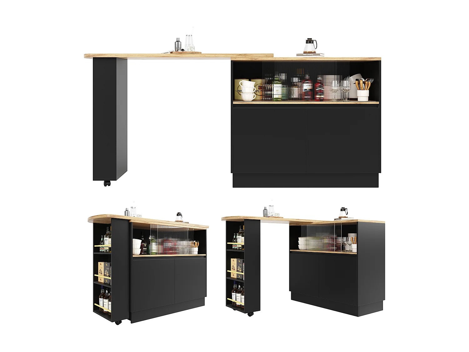 Meuble de bar rotatif - 120 x 90 x 103 cm - avec étagères et verre + 4 portes - MDF - noir